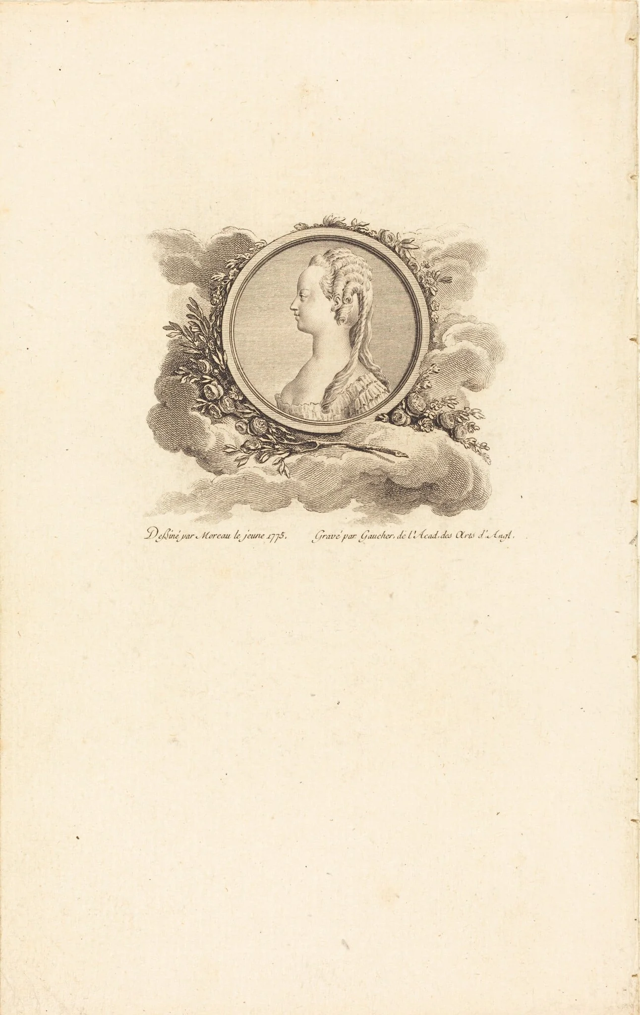 Marie-Antoinette, by Charles-Etienne Gaucher, ink, 1775