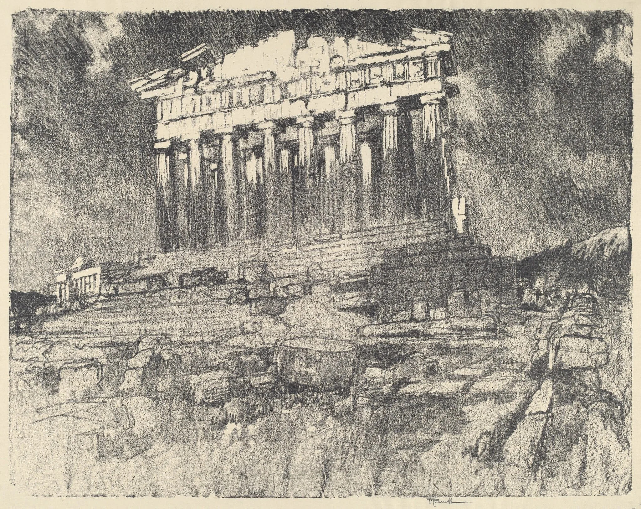 The Facade of the Parthenon, Sunset, by Joseph Pennell, ink, 1913