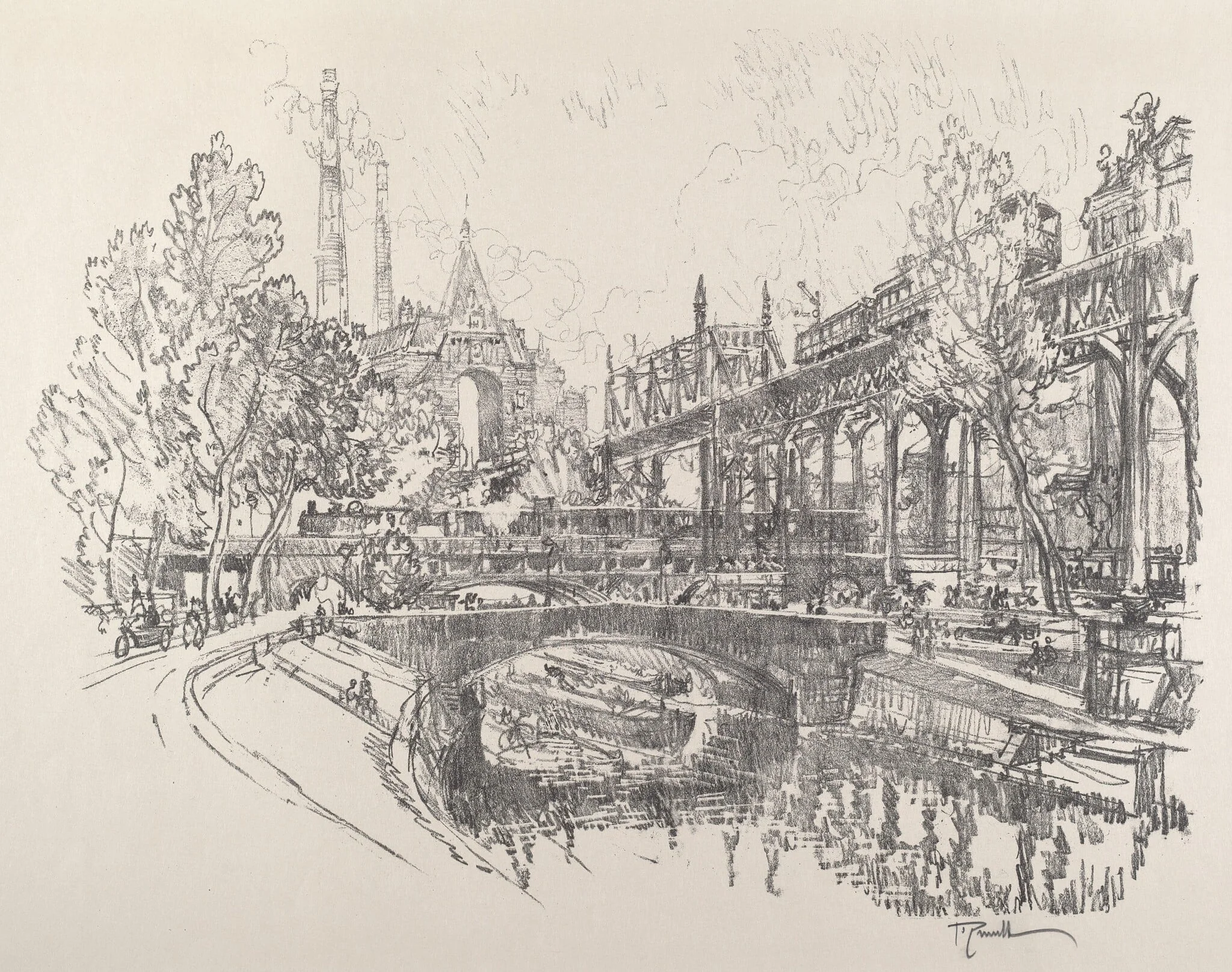 Landwehr Canal, Berlin, by Joseph Pennell, ink, 1921