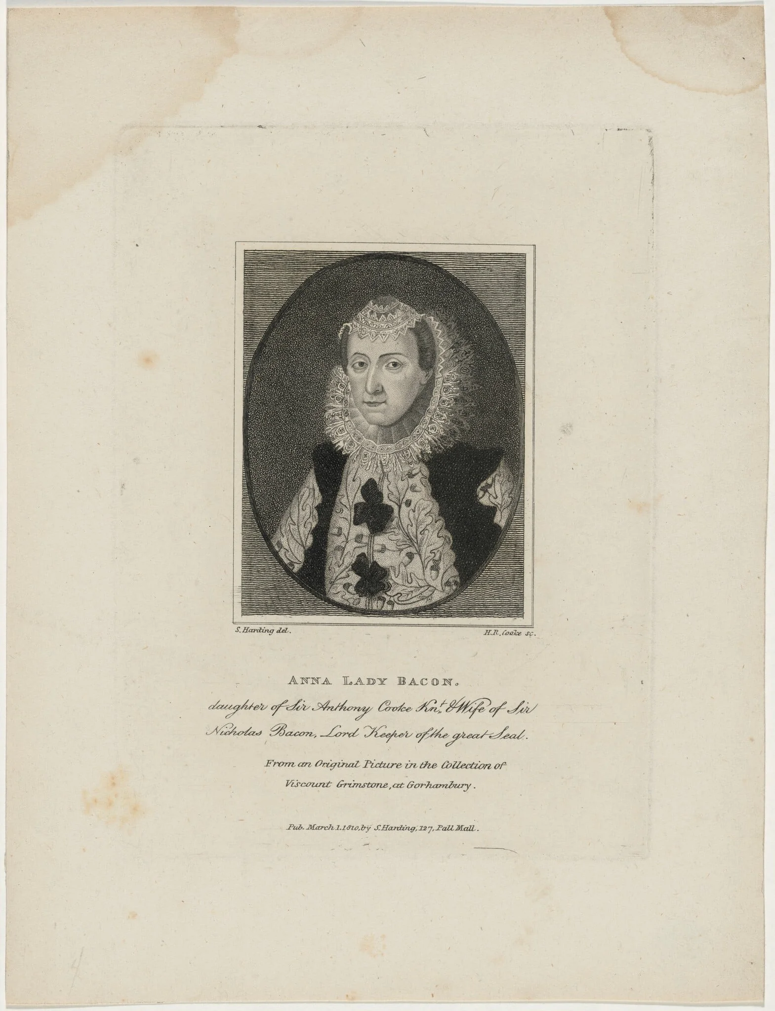 Anna, Lady Bacon, Daughter of Sir Anthony Cooke and Wife of Sir Nicolas Bacon, by Henry Richard Cook, ink, 1810