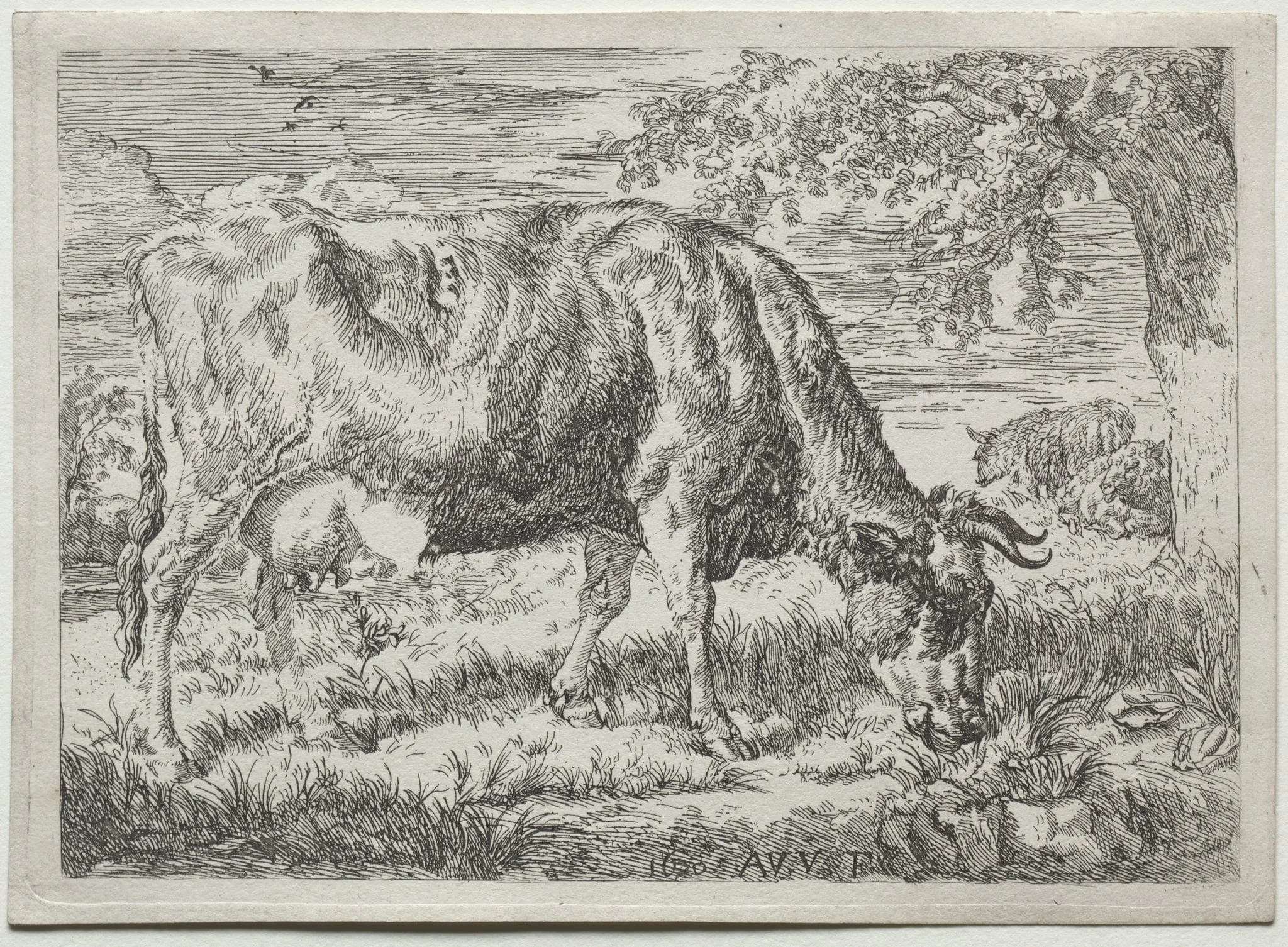 Cow and Two Sheep at the Foot of a Tree, by Adriaen van de Velde, 1670