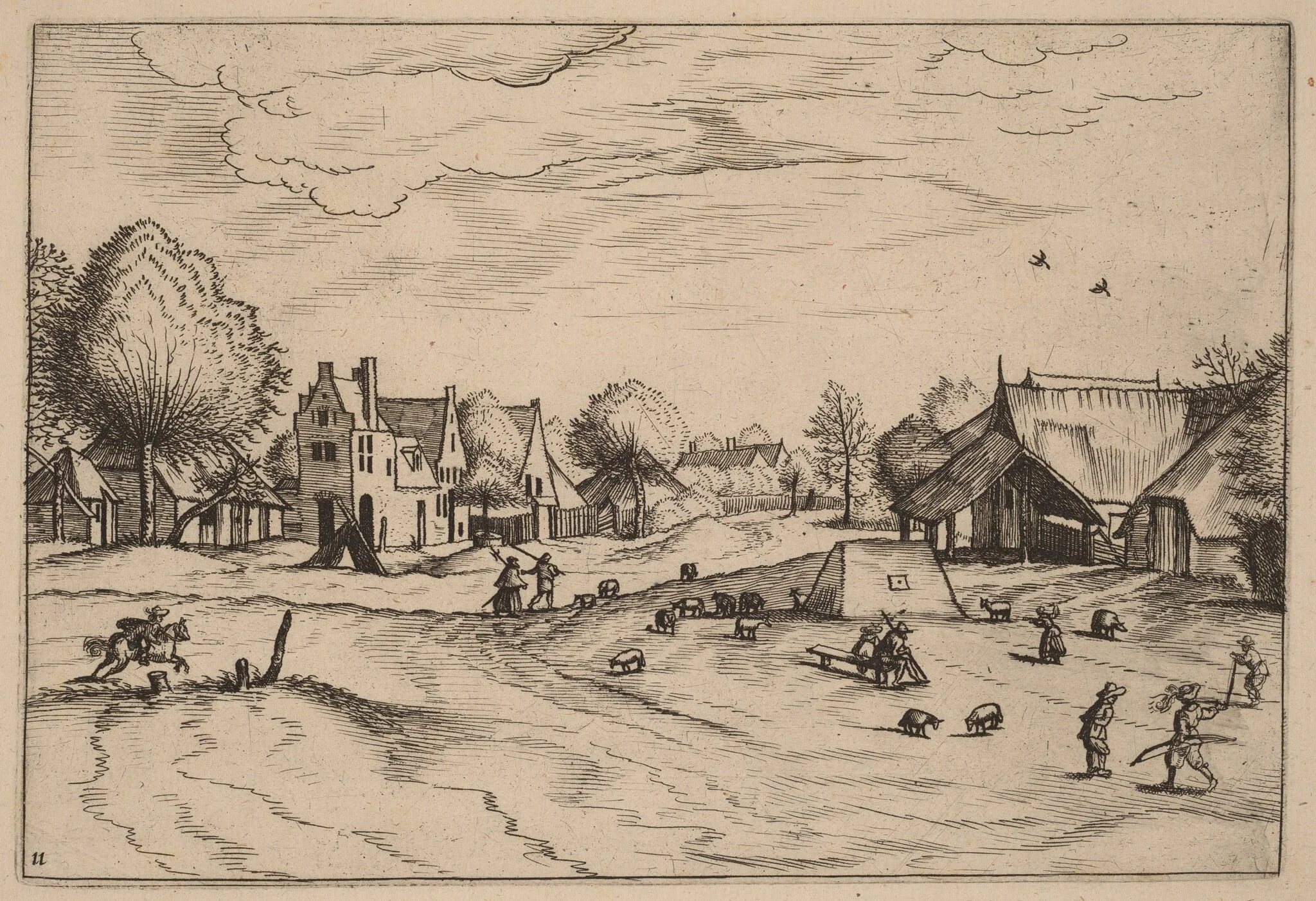 Country Village with Sheep and Sitting Shepherd