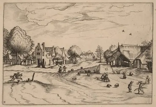 Country Village with Sheep and Sitting Shepherd