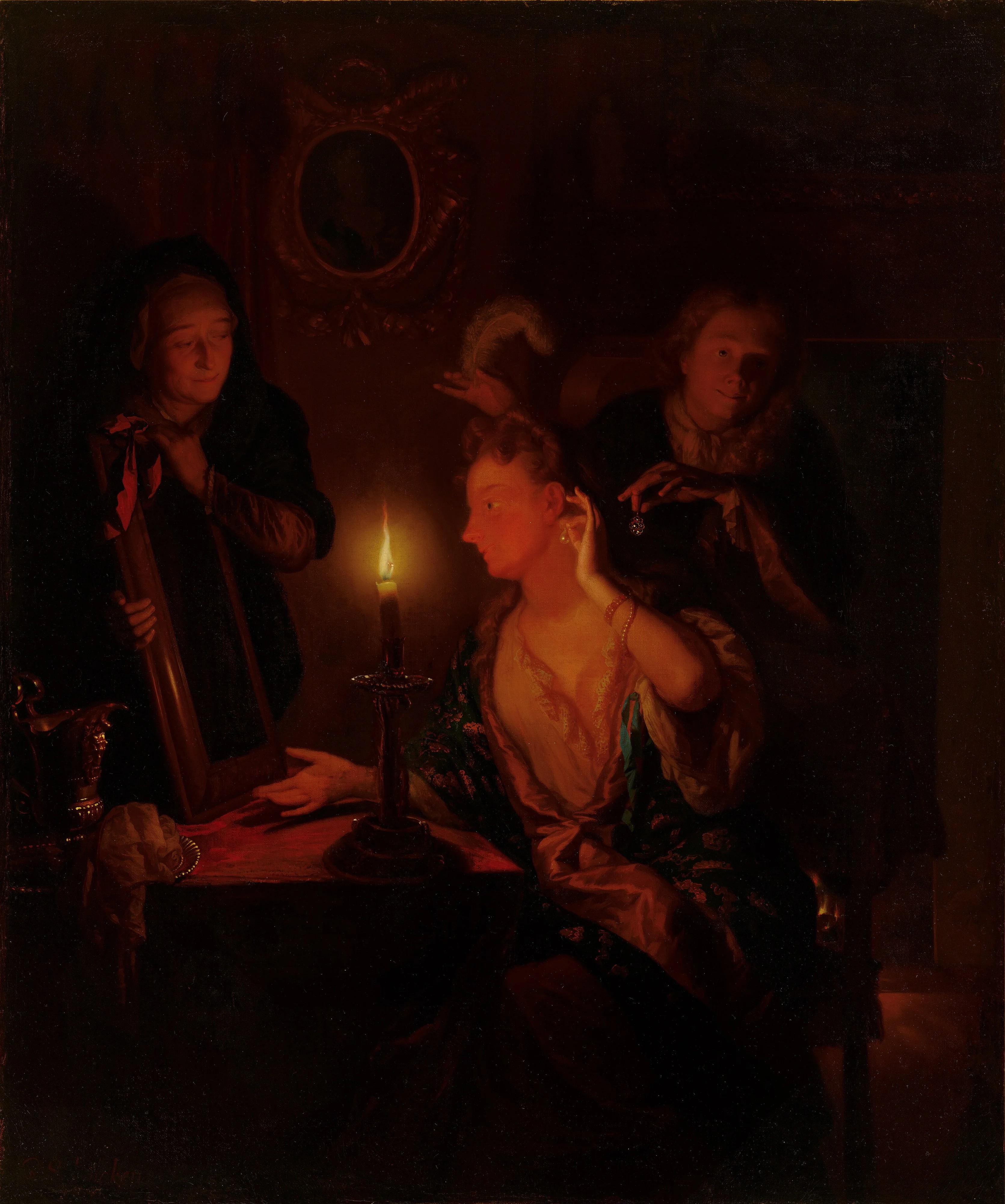 Lady at a Mirror by Candlelight, by Godfried Schalcken, oil, 1500