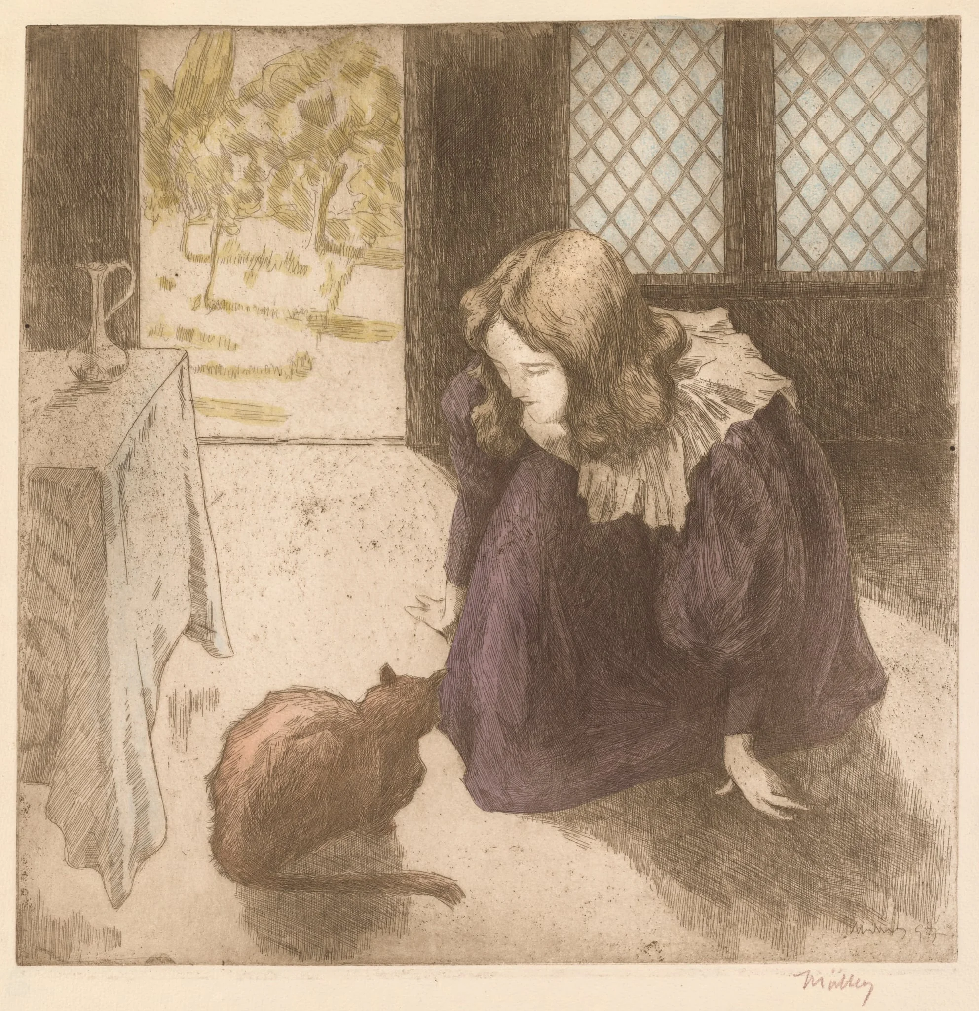 Interior, Little Girl with Cat (La Petite fille au chat), by Alfredo Müller, 1897