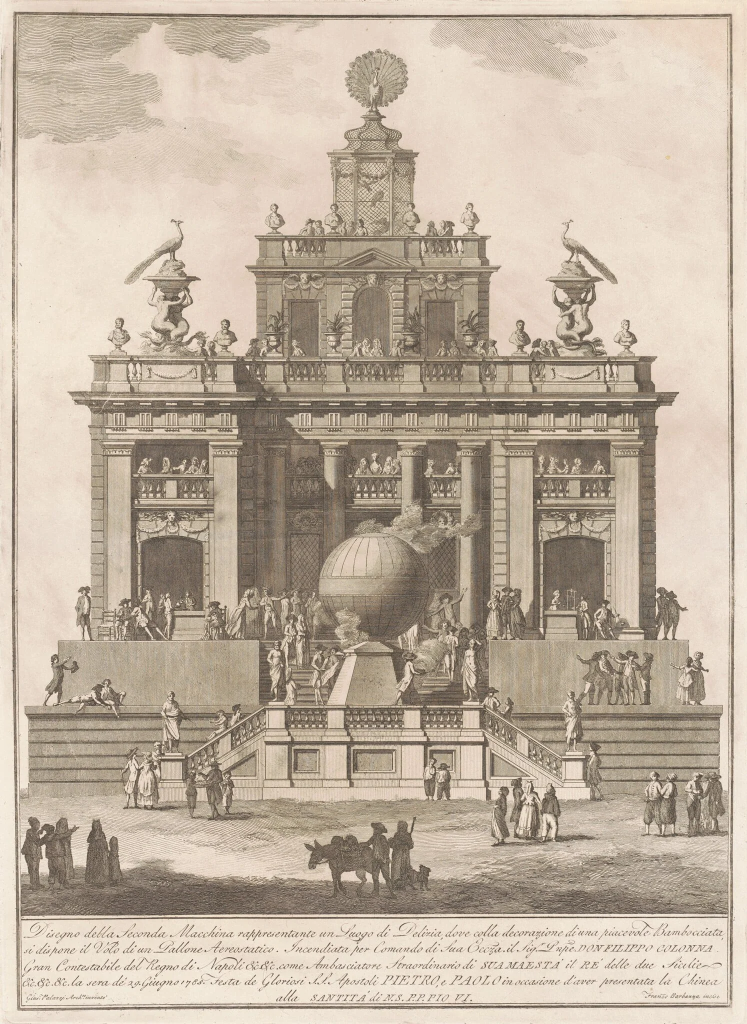 The Seconda Macchina for the Chinea of 1785: A Pleasure Palace with an Air Balloon, by Francesco Barbazza, ink, 1785
