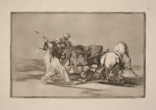 Los moros establecidos en Espana, prescindiendo de las supersticiones de su Alcoran, adoptaron esta caza y arte, y lancean un toro en el campo  (The Moors Settled in Spain, Giving up the Superstitions of the Koran, Adopted This Art of Hunting, and Spear a Bull in the Open)