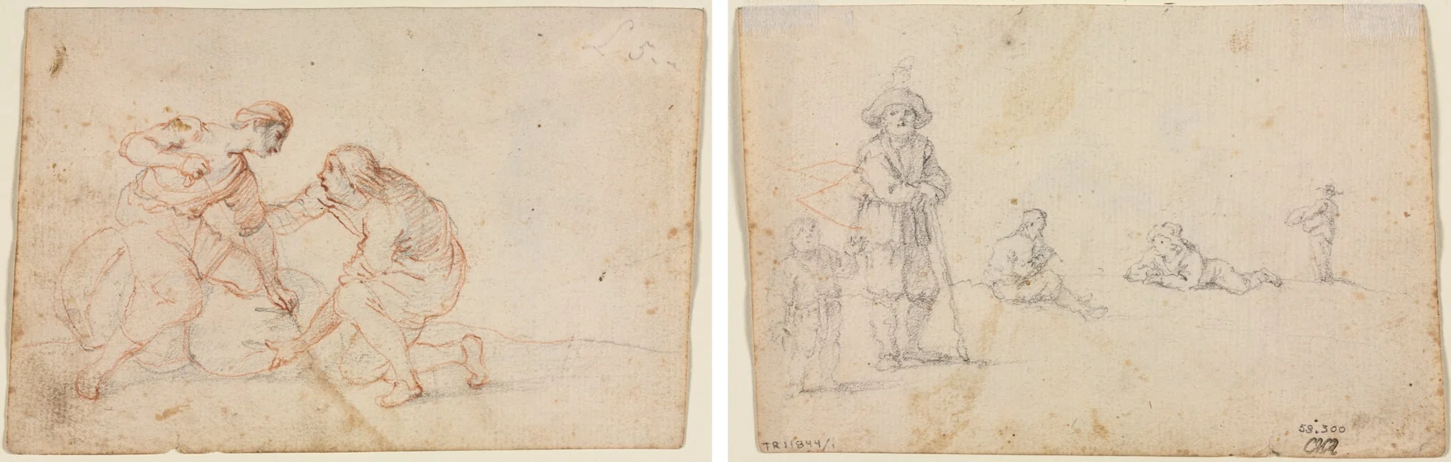 Two Men Tying a Bundle (recto) Five Figure Studies (verso), by Unknown, 1604