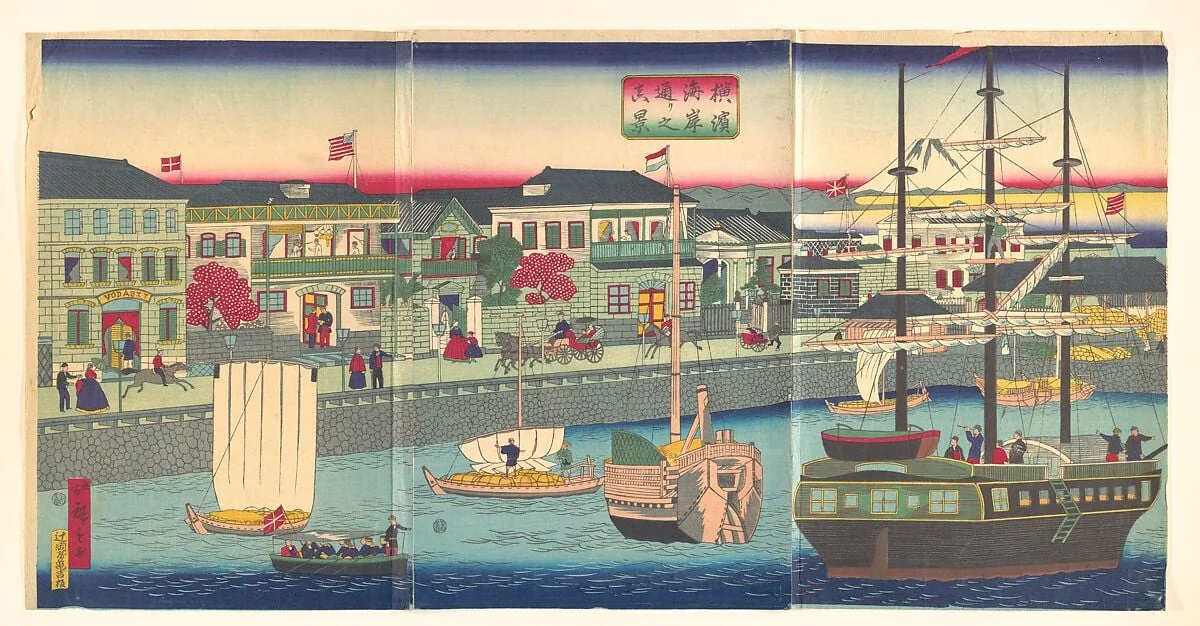 横浜海岸通り之風景|View of the Seafront in Yokohama (Yokohama Kagandori no fūkei), by Utagawa Hiroshige III, ink, 5