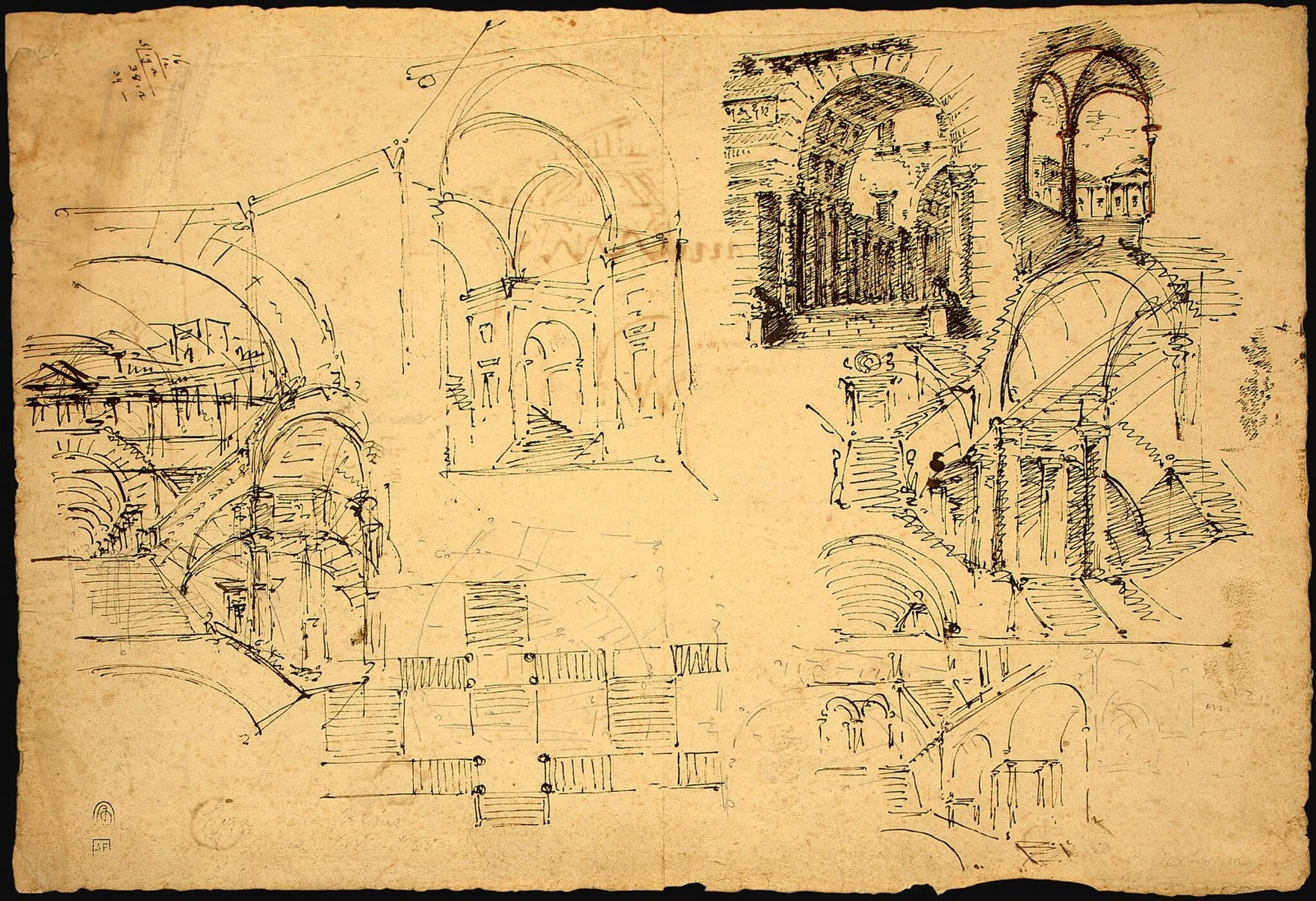 Designs for Palatial Arches [verso], by Lorenzo Sacchetti, ink, 1800