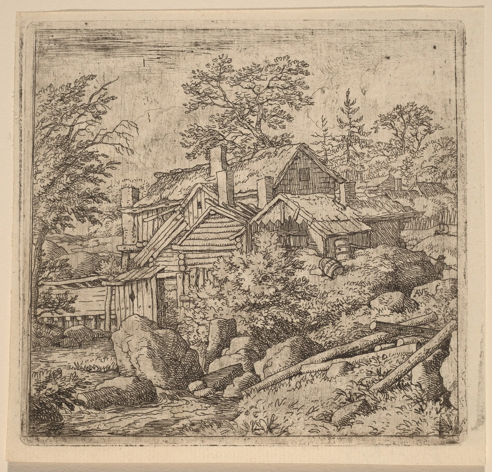 Hamlet on a Mountain Side, by Allart van Everdingen, ink, 1650
