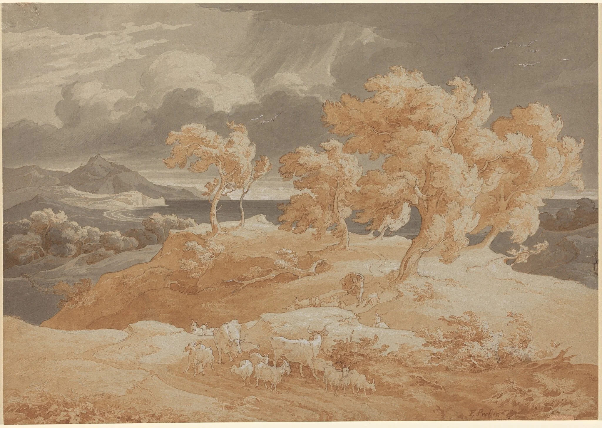 Italian Coastal Landscape with a Thunderstorm, by Friedrich Preller the Elder, ink, 1830