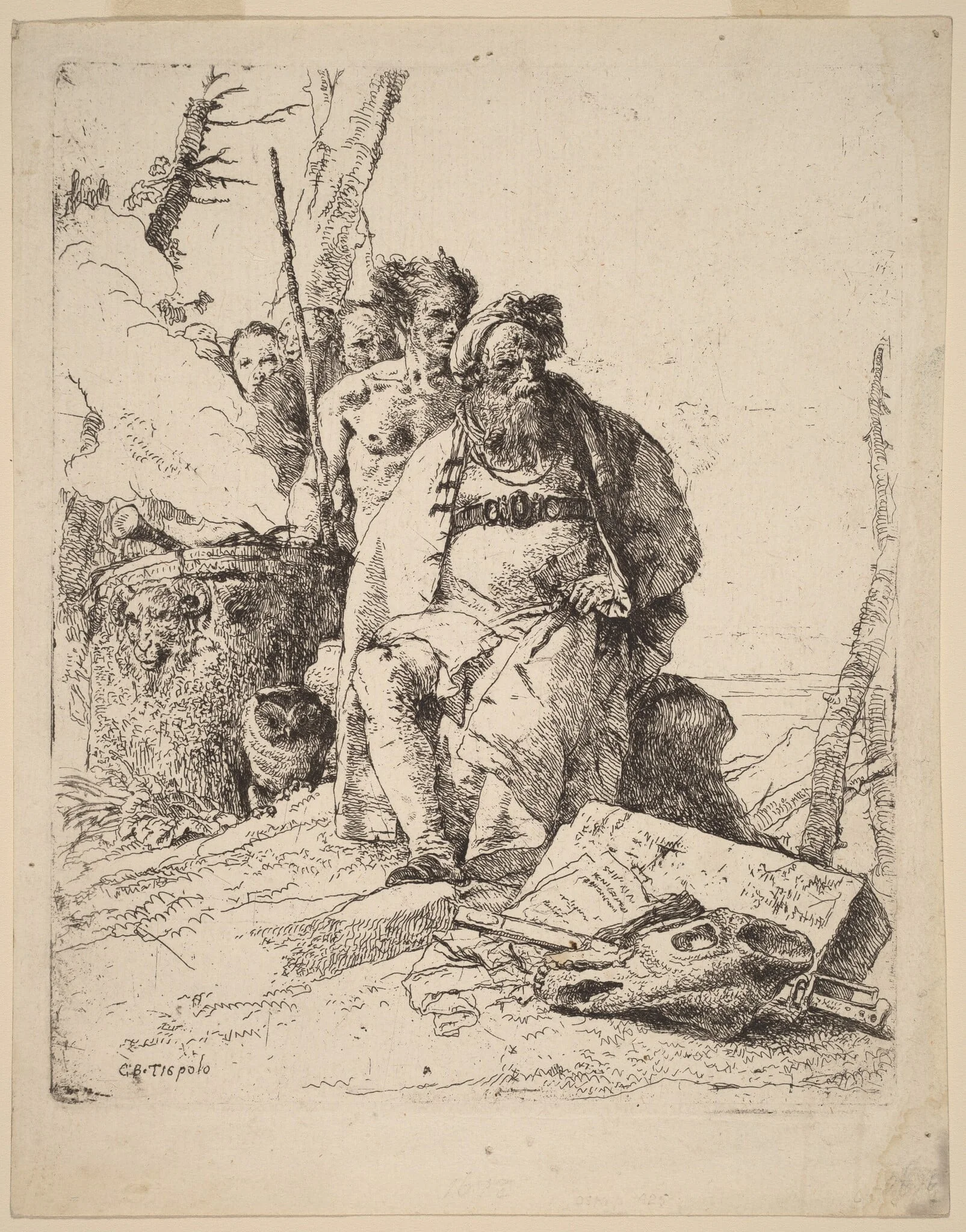 Seated Magician with Other Figures beside an Altar, by Giovanni Battista Tiepolo, ink, 1733