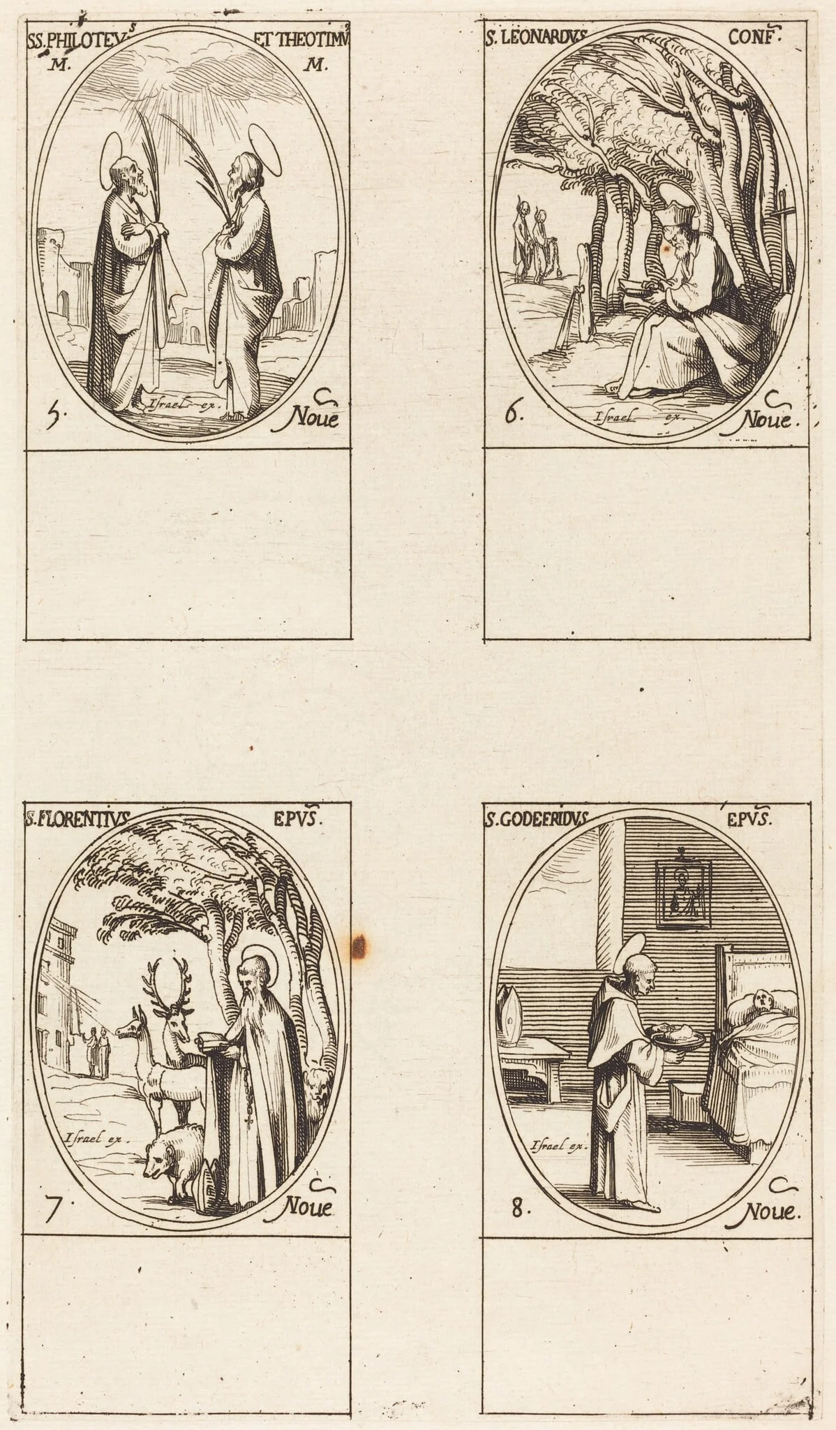 Sts. Philoteus and Theotimus; St. Leonard; St. Florentinus; St. Godfrey, by Jacques Callot, ink, 1634