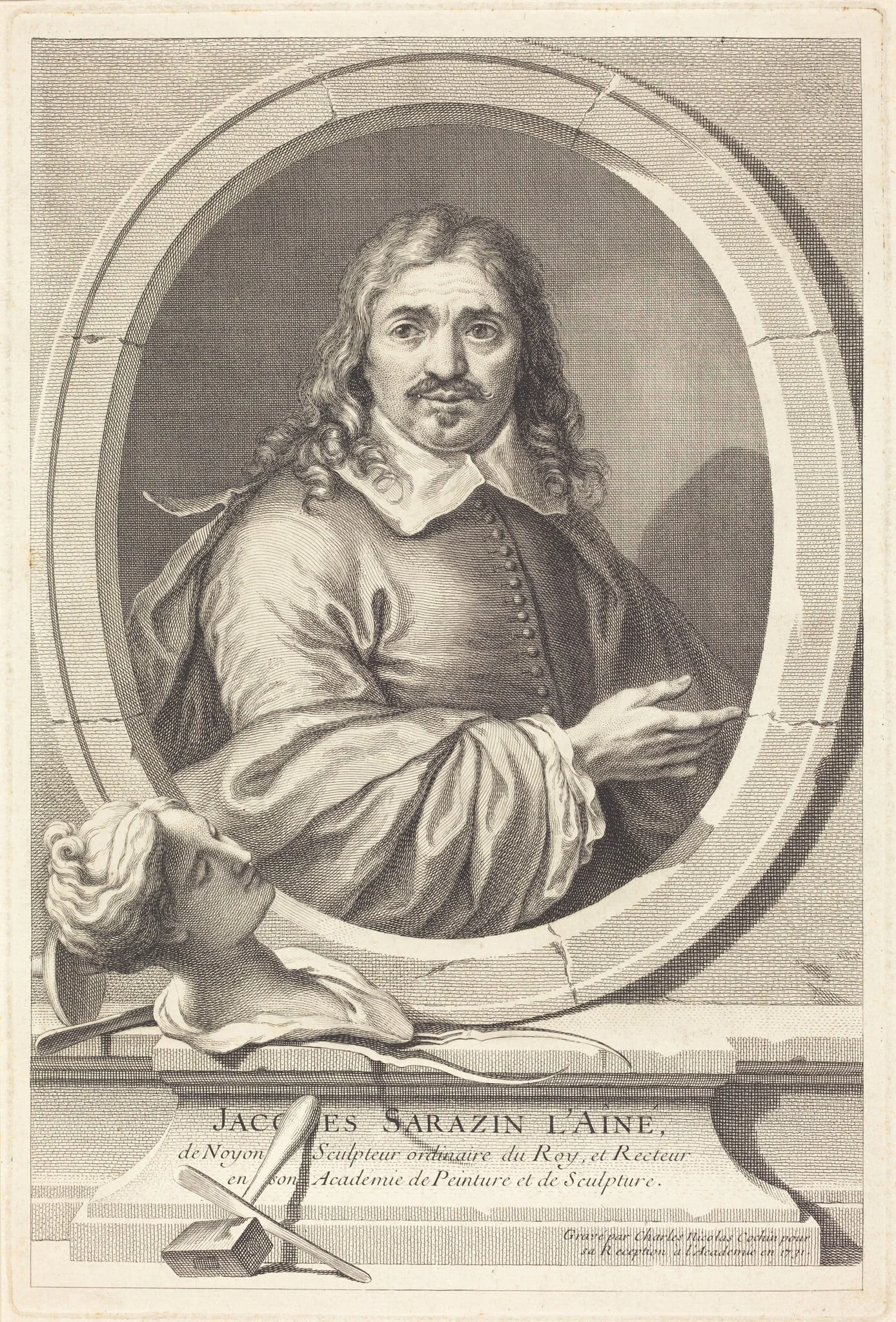 Jacques Sarazin the Elder, by Charles-Nicolas Cochin I, ink, 1731