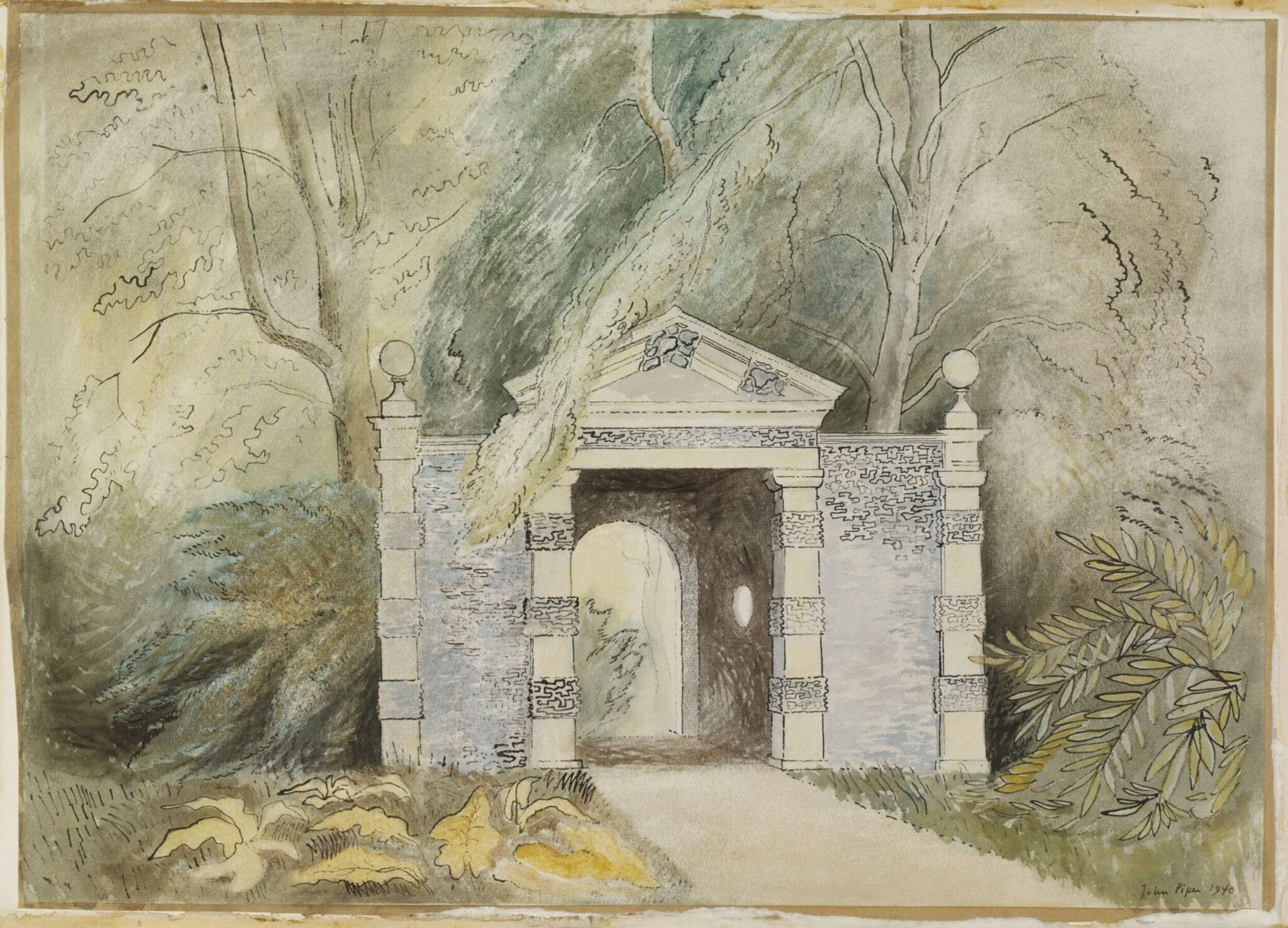 The river approach, Fawley Court, by Piper, watercolor, 1940