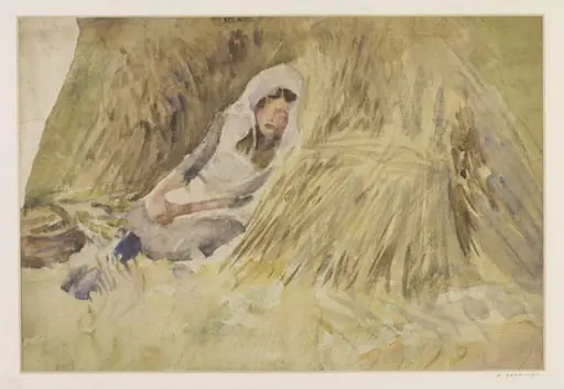 A girl resting against a sheaf of corn
