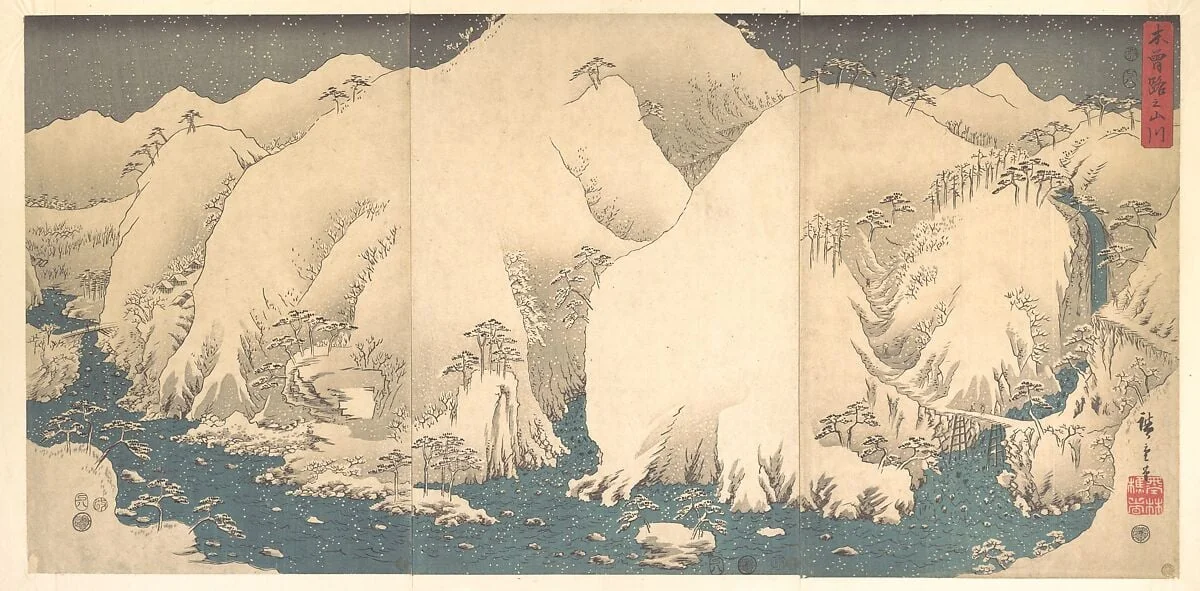 Kisojo no San Sen|木曽路之山川|The Kiso Mountains in Snow, by Utagawa Hiroshige, ink, 8