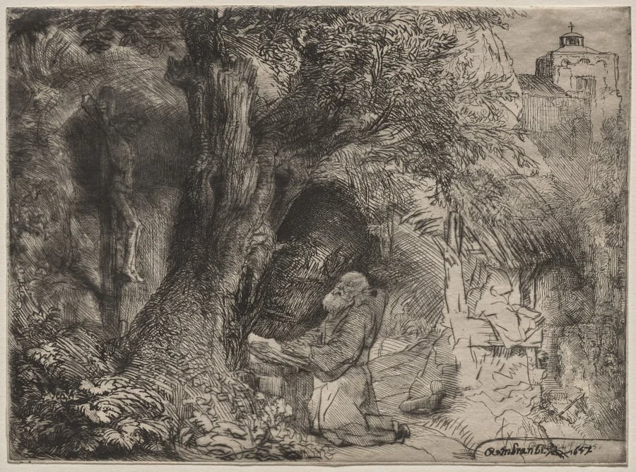 St. Francis Beneath a Tree Praying, by Rembrandt, 1657