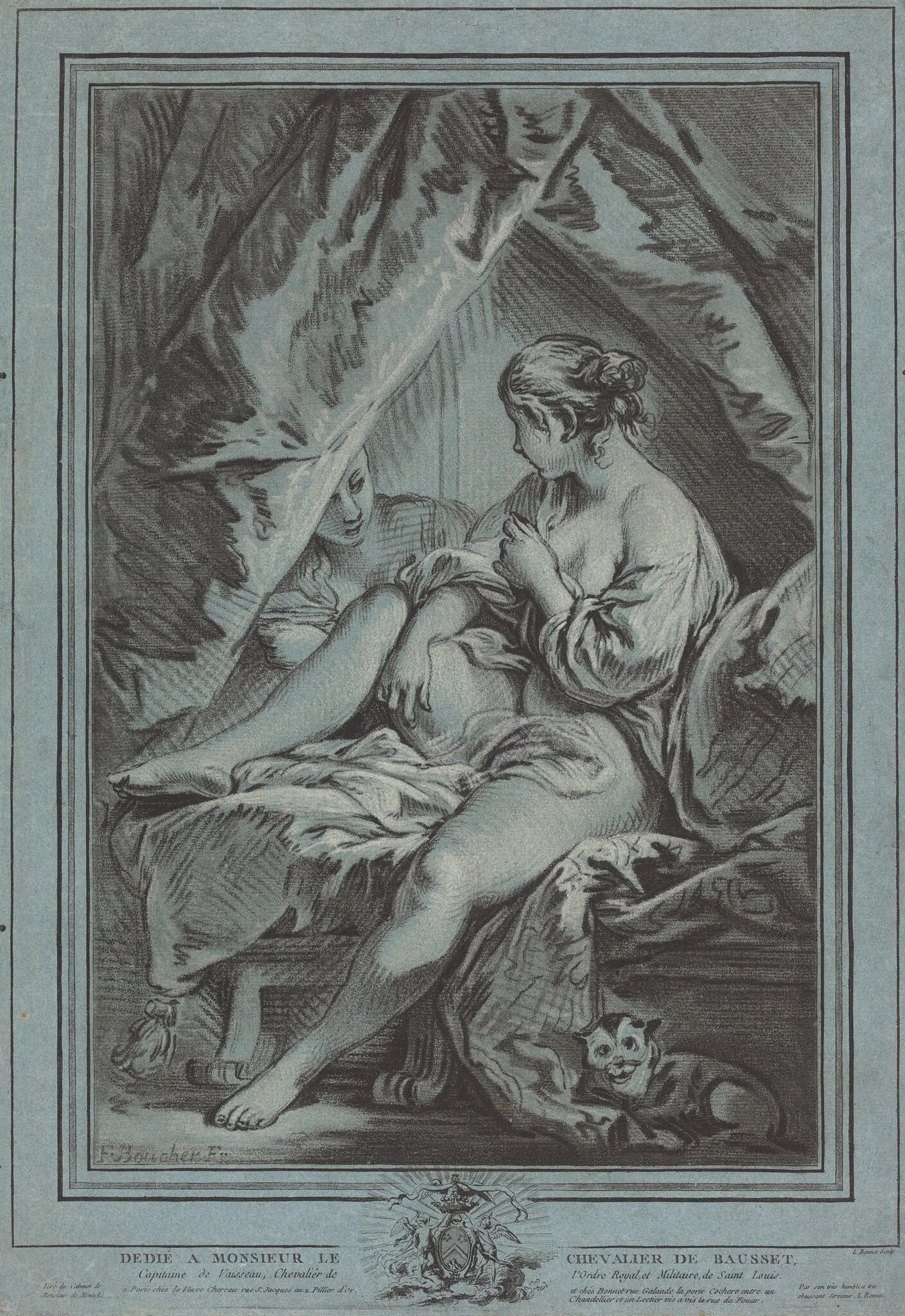 Young Woman Seated on a Bed, by Louis-Marin Bonnet, chalk, 1767