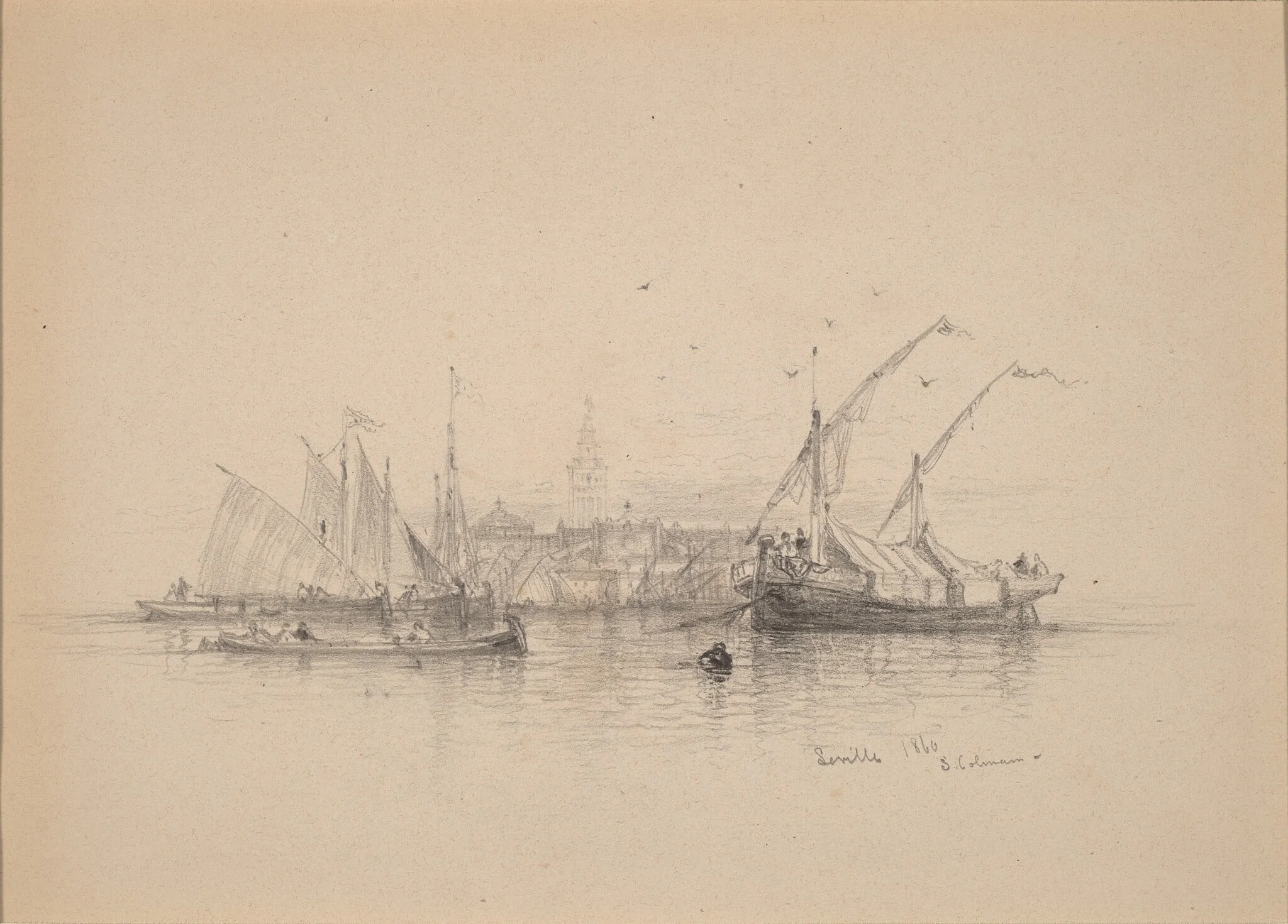 Seville, by Samuel Colman, graphite, 1850