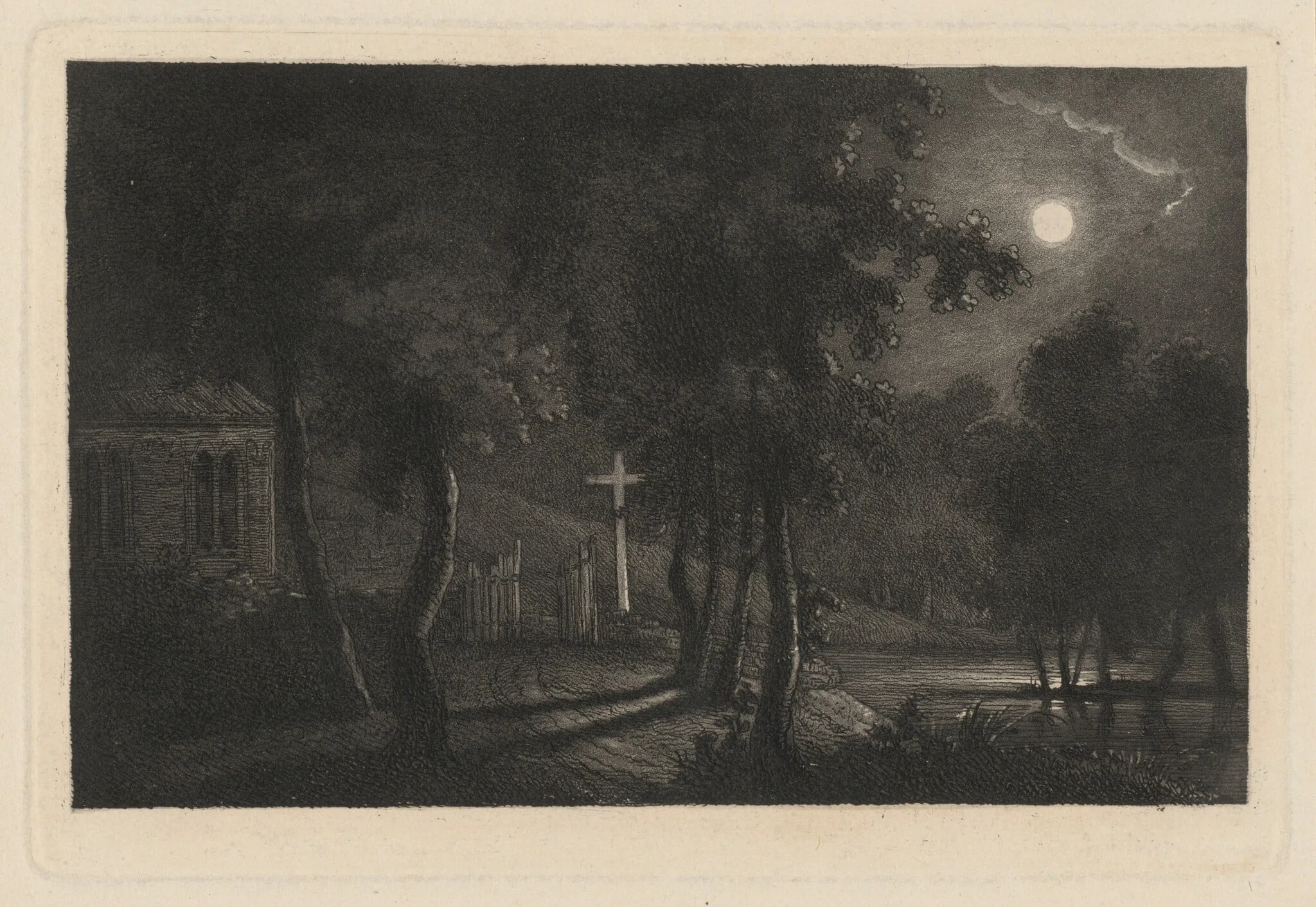 A Lakeside Chapel by Moonlight, by Maria Anna Fischer, ink, 1814