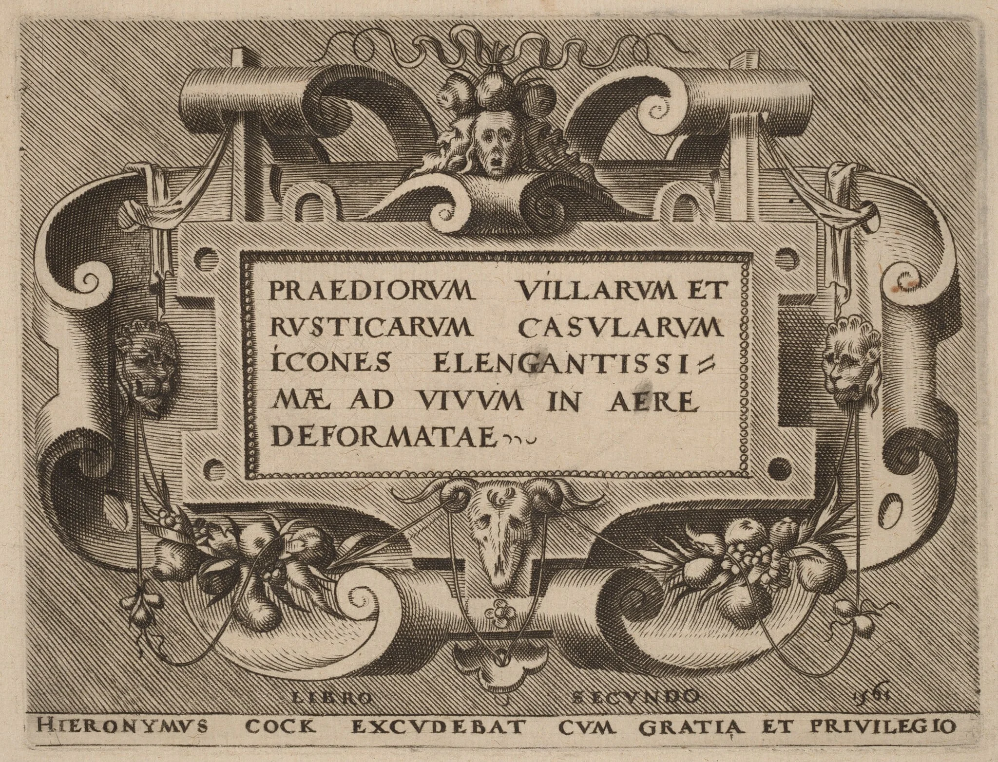 Title Page for "Praediorum Villarum", by Hieronymus Cock, ink, 1561
