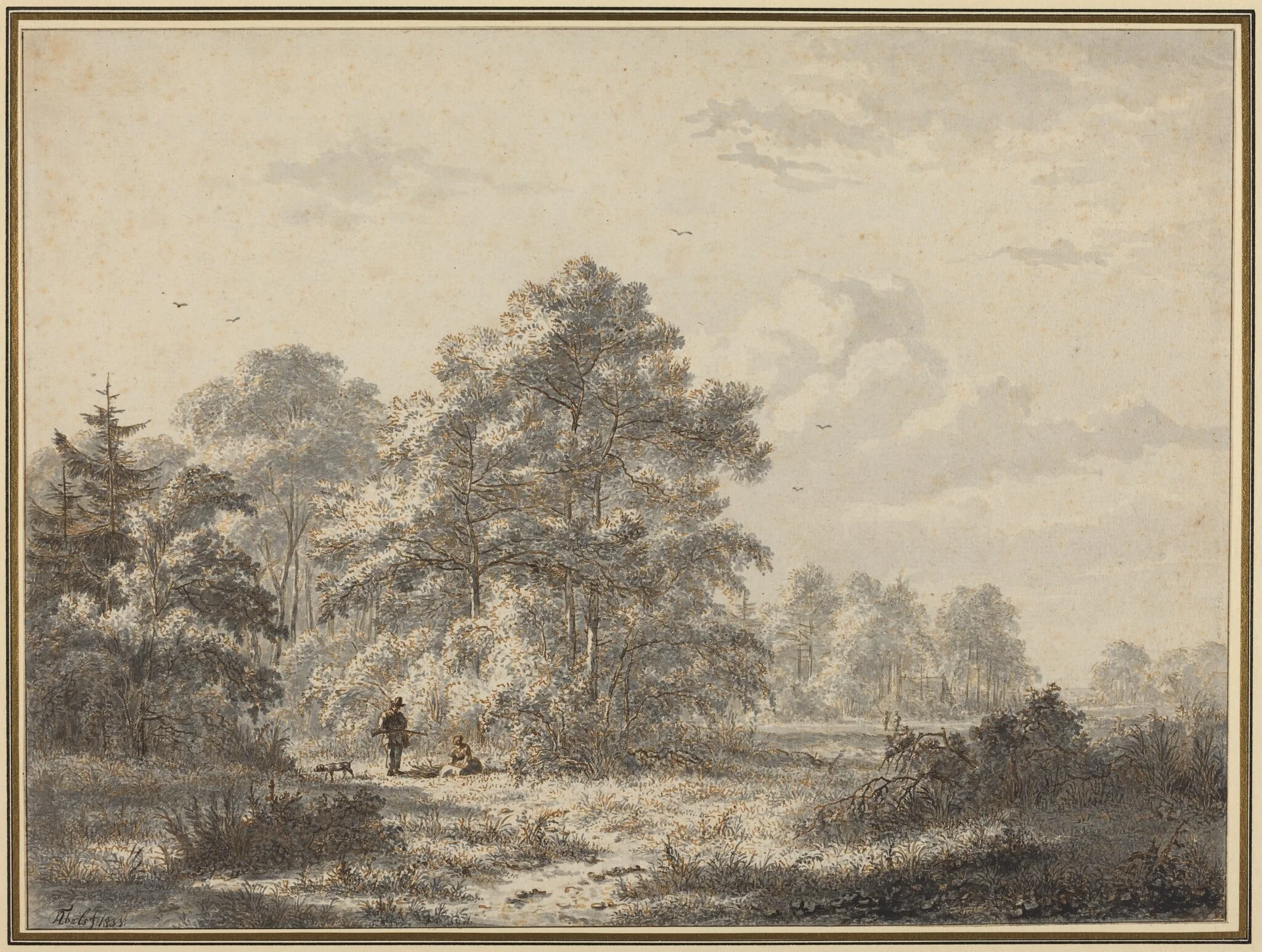 Hunters at the Edge of the Woods, by Jacobus Theodorus Abels, ink, 1833