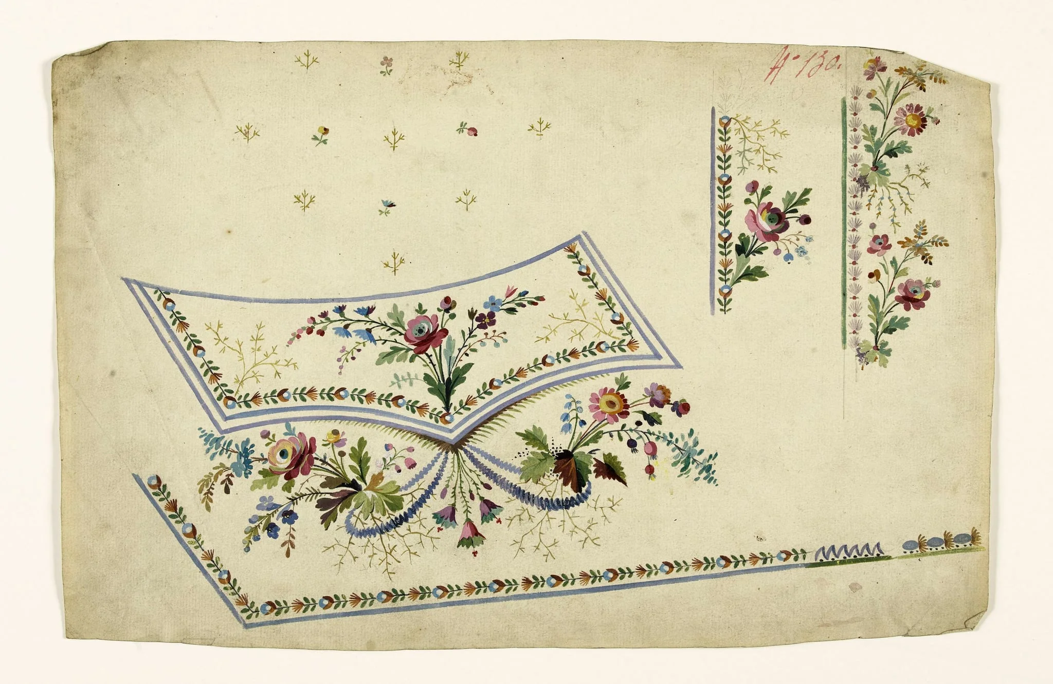 Composition florale avec bouquets et frises de fleurs stylisées, projets de broderies de gilet, XVIIIème siècle, by Anonyme, 1750