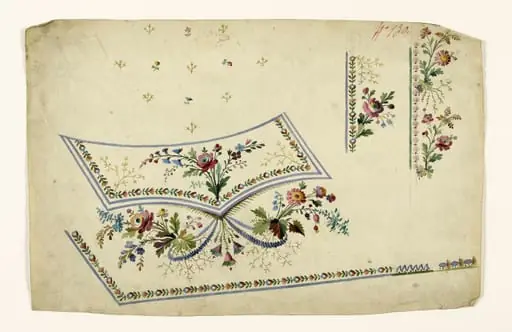 Composition florale avec bouquets et frises de fleurs stylisées, projets de broderies de gilet, XVIIIème siècle