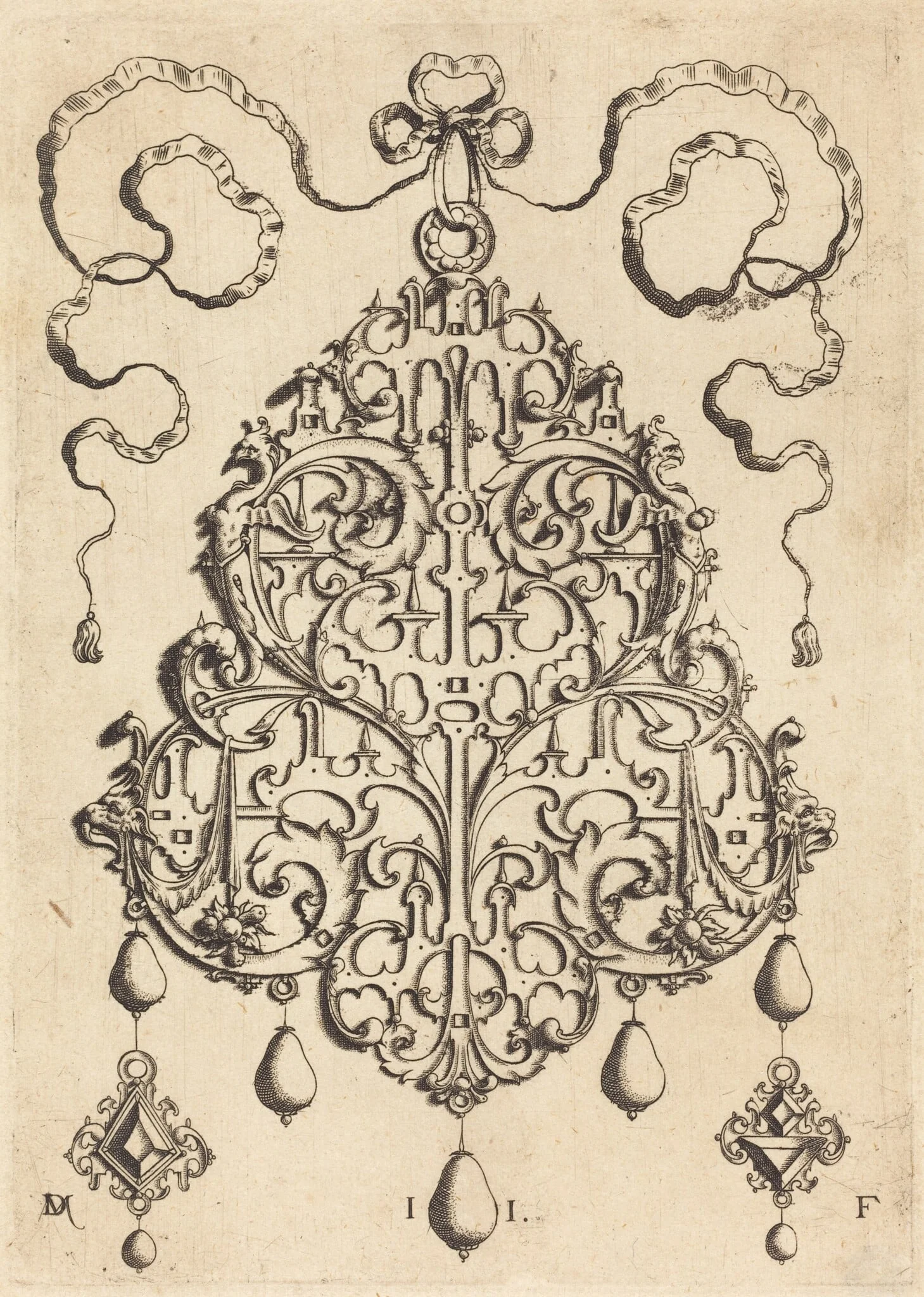 Large Strapwork Pendant with Two Hangers as Earrings at Left and Right, by Daniel Mignot, ink, 1584
