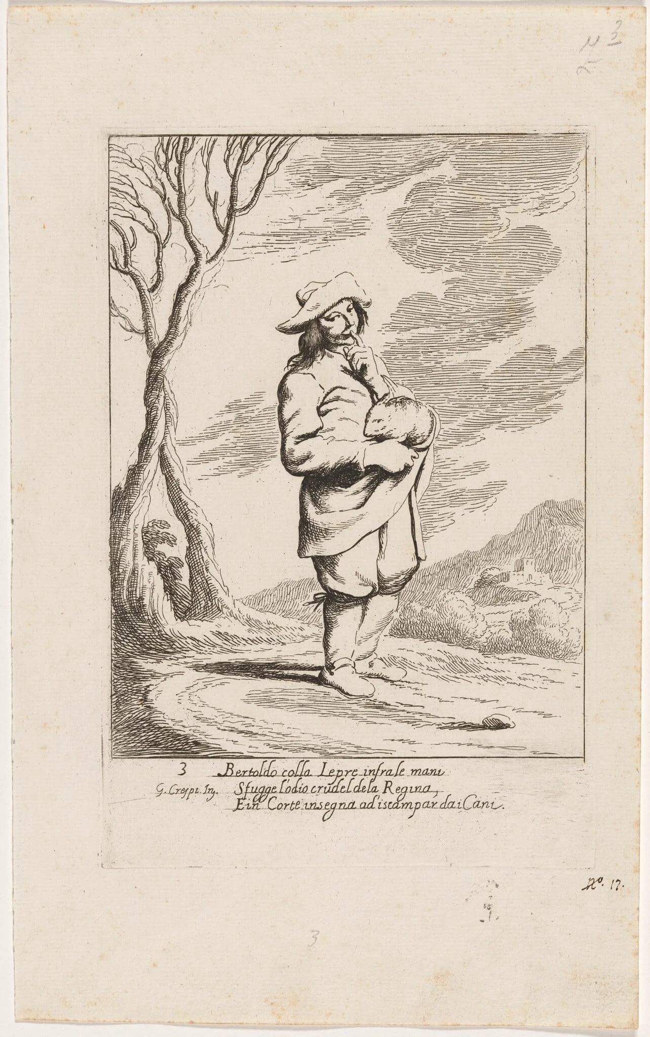 Bertoldo Holding a Hare, by Giuseppe Maria Crespi, ink, 1712