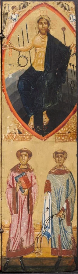 Christ in a Mandorla, with the instruments of the Passion, with St. Stephen and St. Lawrence below, by Berlinghiero Berlinghieri, unspecified, 1234