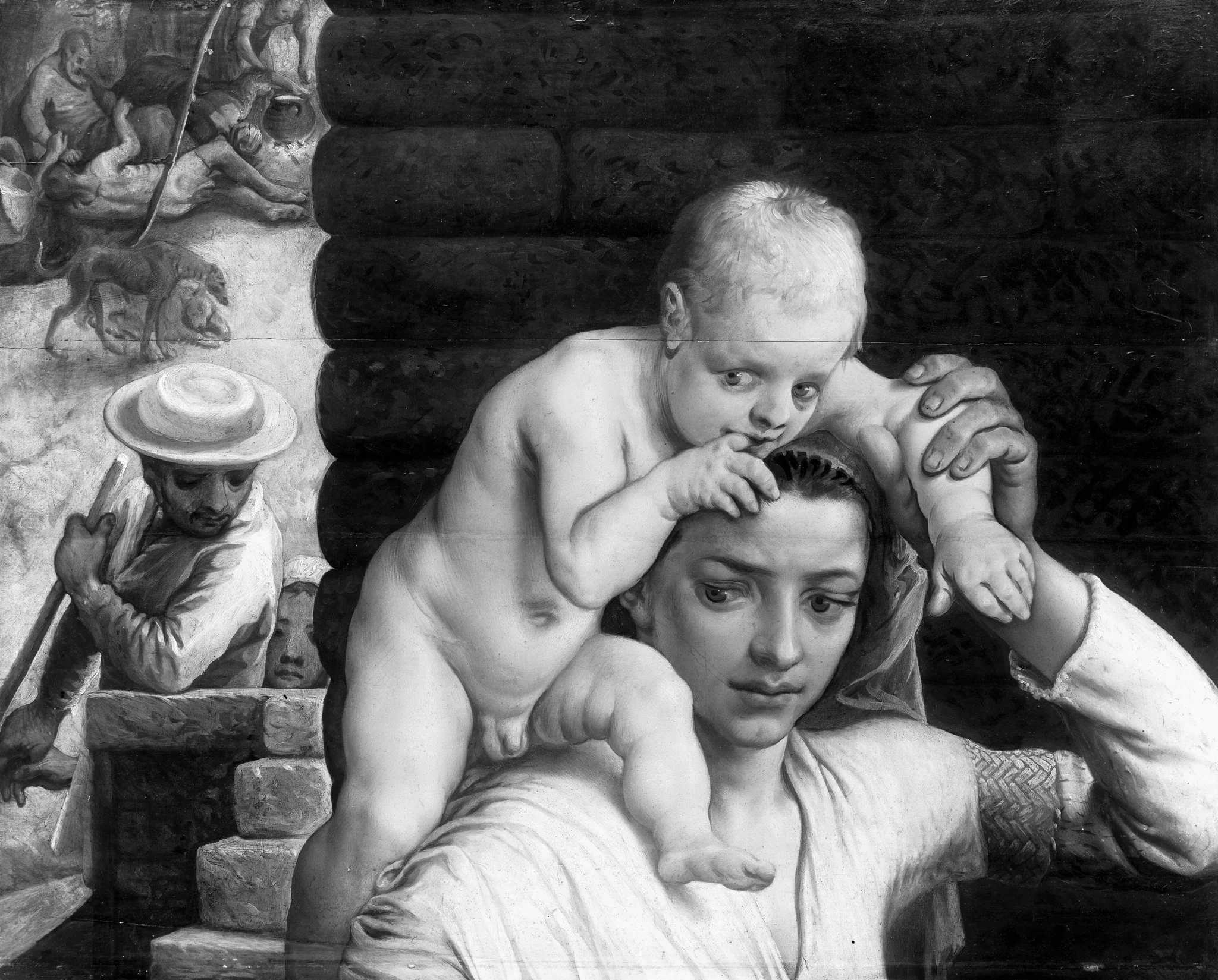 Young woman, carrying a child on her shoulder