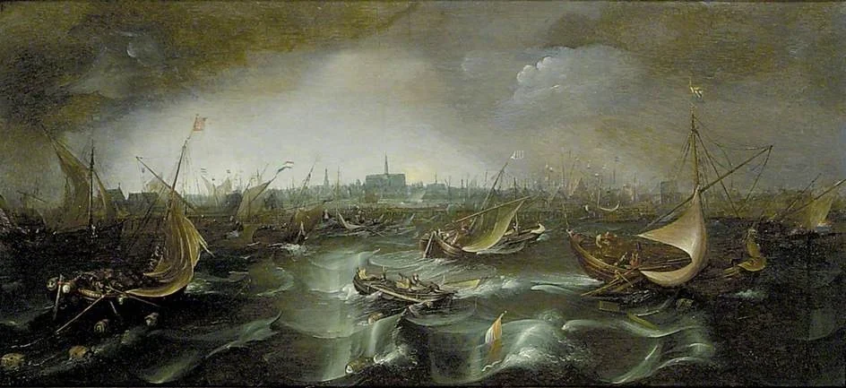 Ships in a Squall on the Haarlemmer Meer, by Cornelis Claesz van Wieringen, oil, 1615