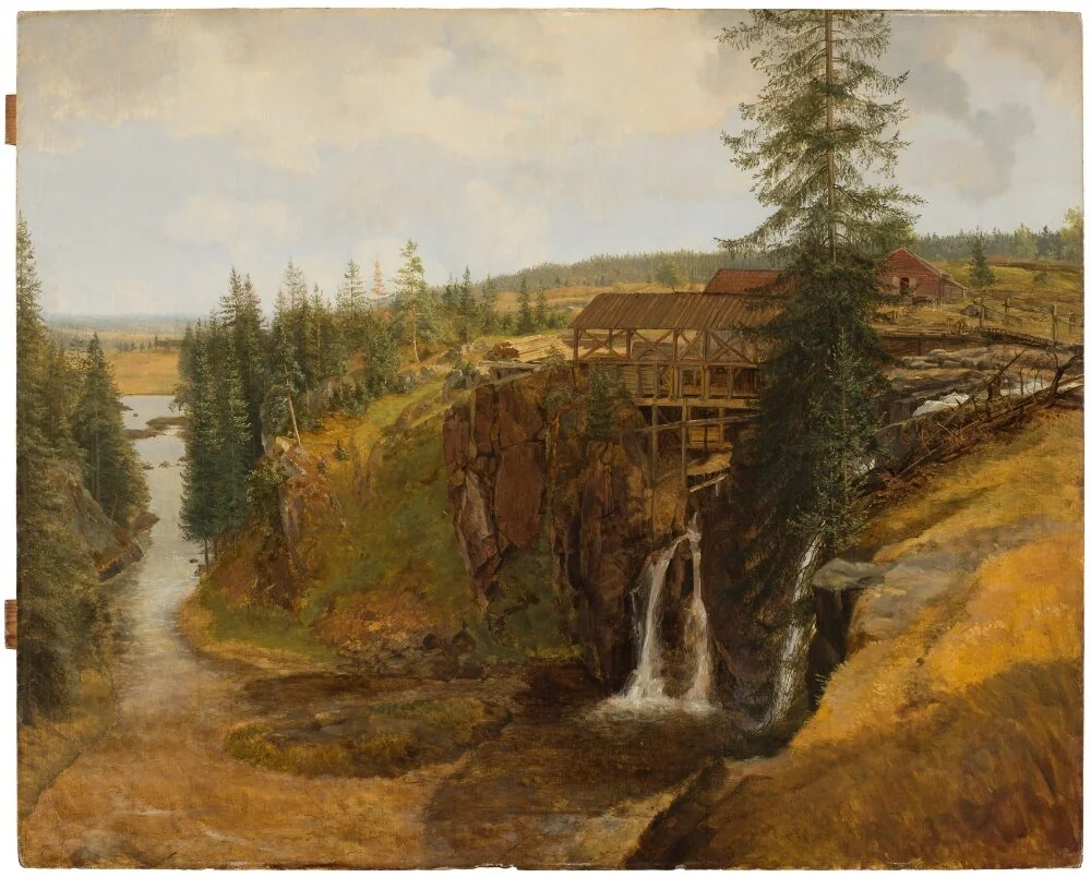 Landscape from Värmland with Sawmill and Stream, by Christoffer Wallroth, oil, 1888