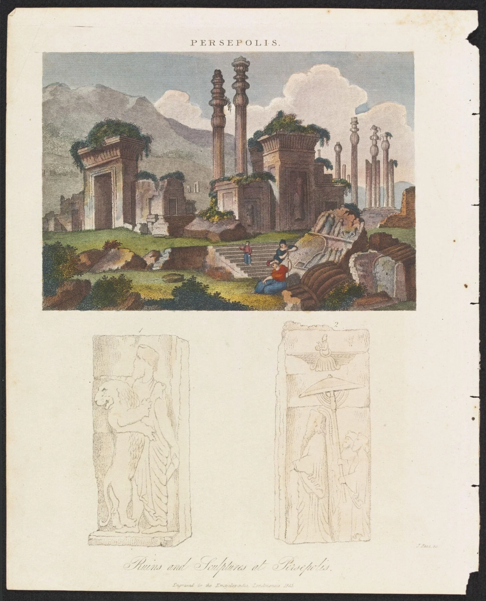 Persepolis.  Ruins and Sculptures at Persepolis, by J. Pass, ink, 1823