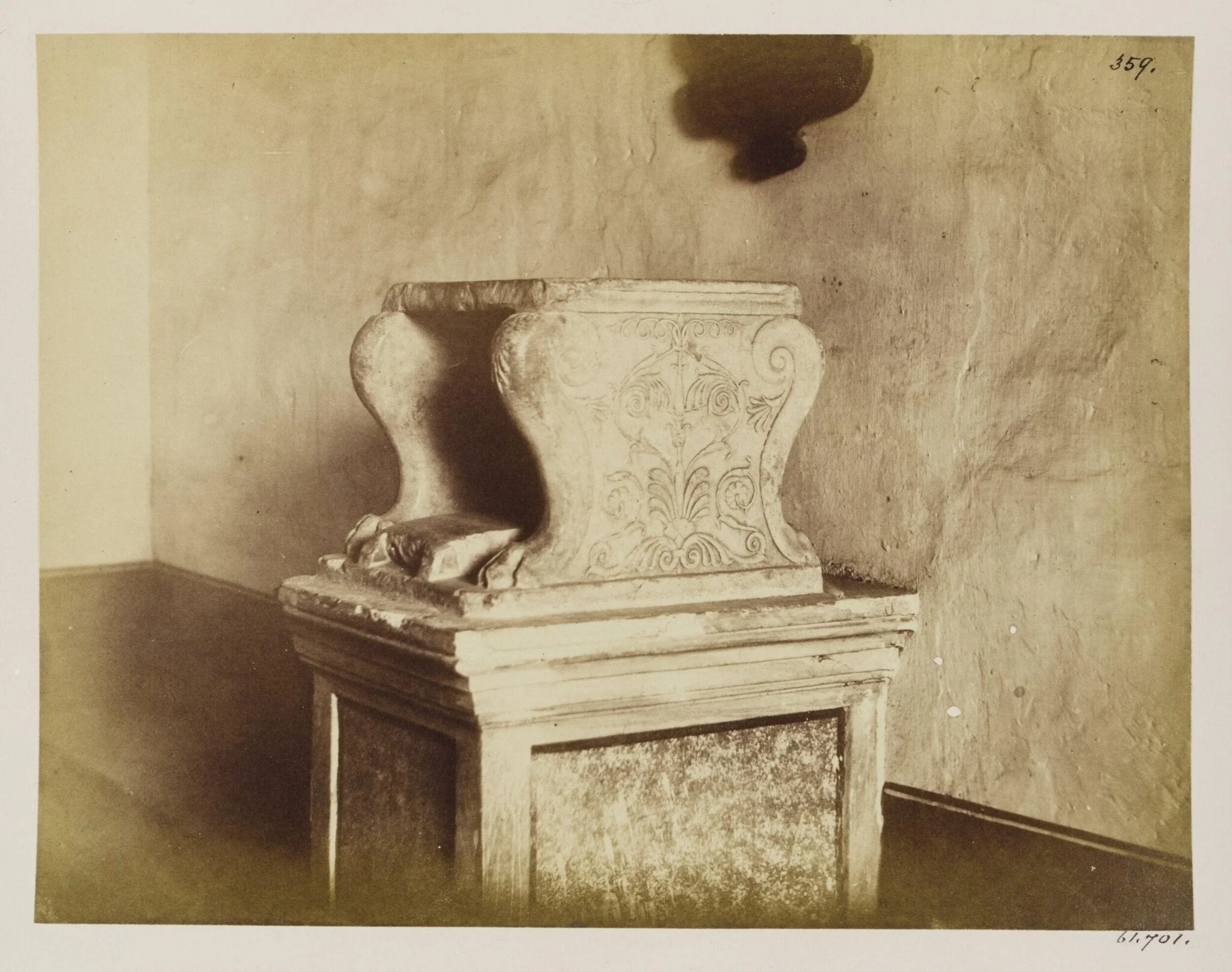 Sculptures - Marble Seat of S. Gregory in the Church of S. Stefano Rotondo, with Shallow Carving, c. A.D. 590., by John Henry Parker, photographic, 1866