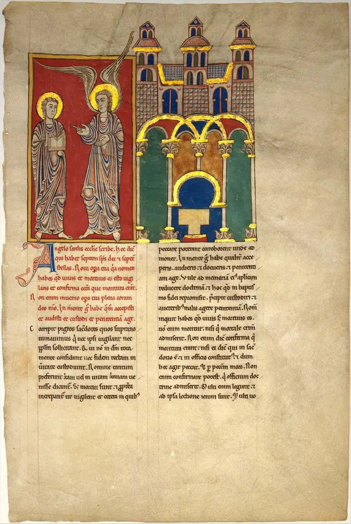 Leaf from a Beatus Manuscript: the Angel of the Church of Sardis with Saint John