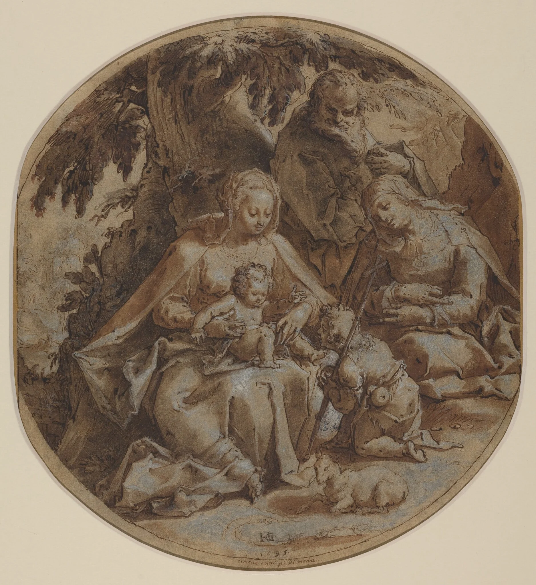 The Holy Family with Saint Elizabeth and Saint John the Baptist, by Hendrik Goltzius, ink, 1595
