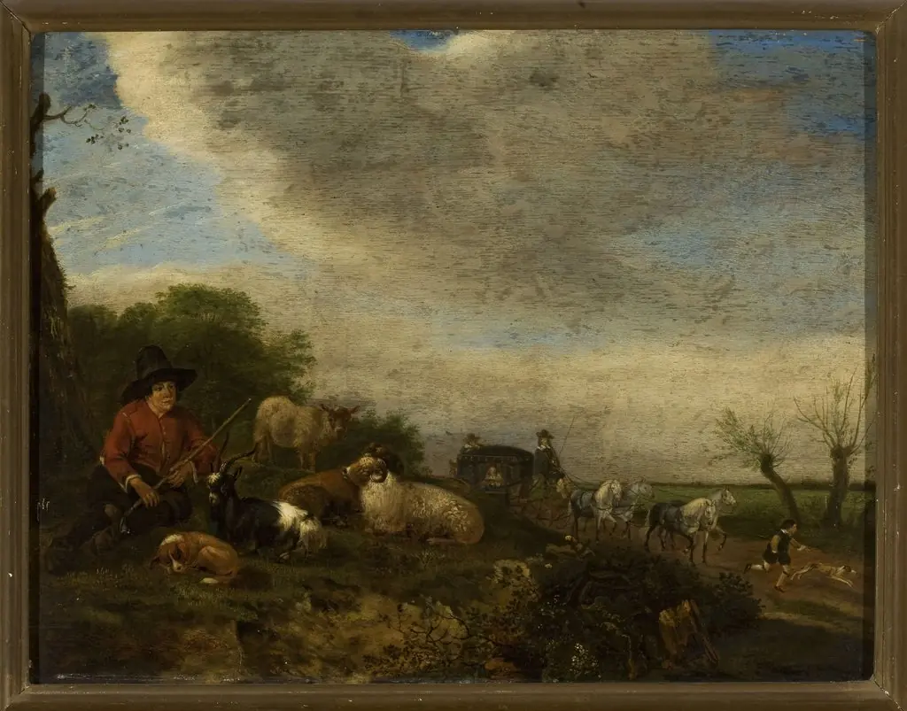 Shepherd with goats and sheep and a carriage on the right