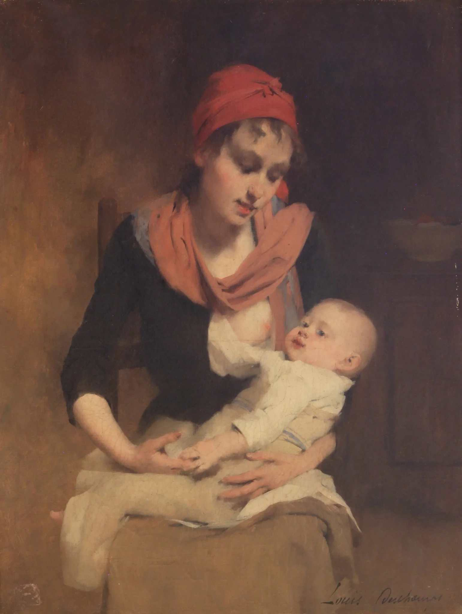 The young mother, by Louis Deschamps, oil, 1850
