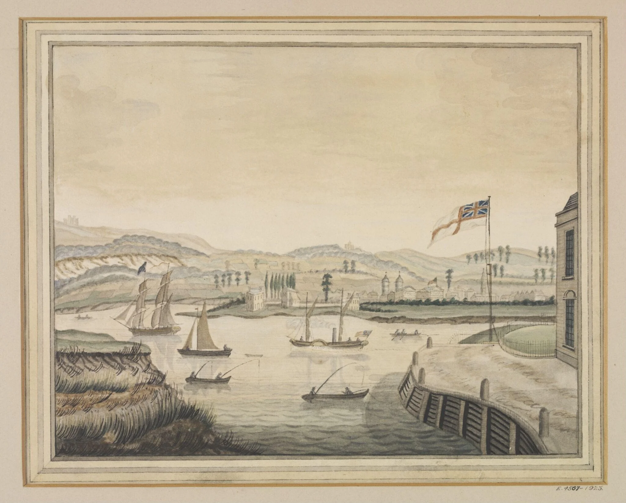 Mouth of the River Lea facing Greenwich, by Unknown, watercolor, 1815