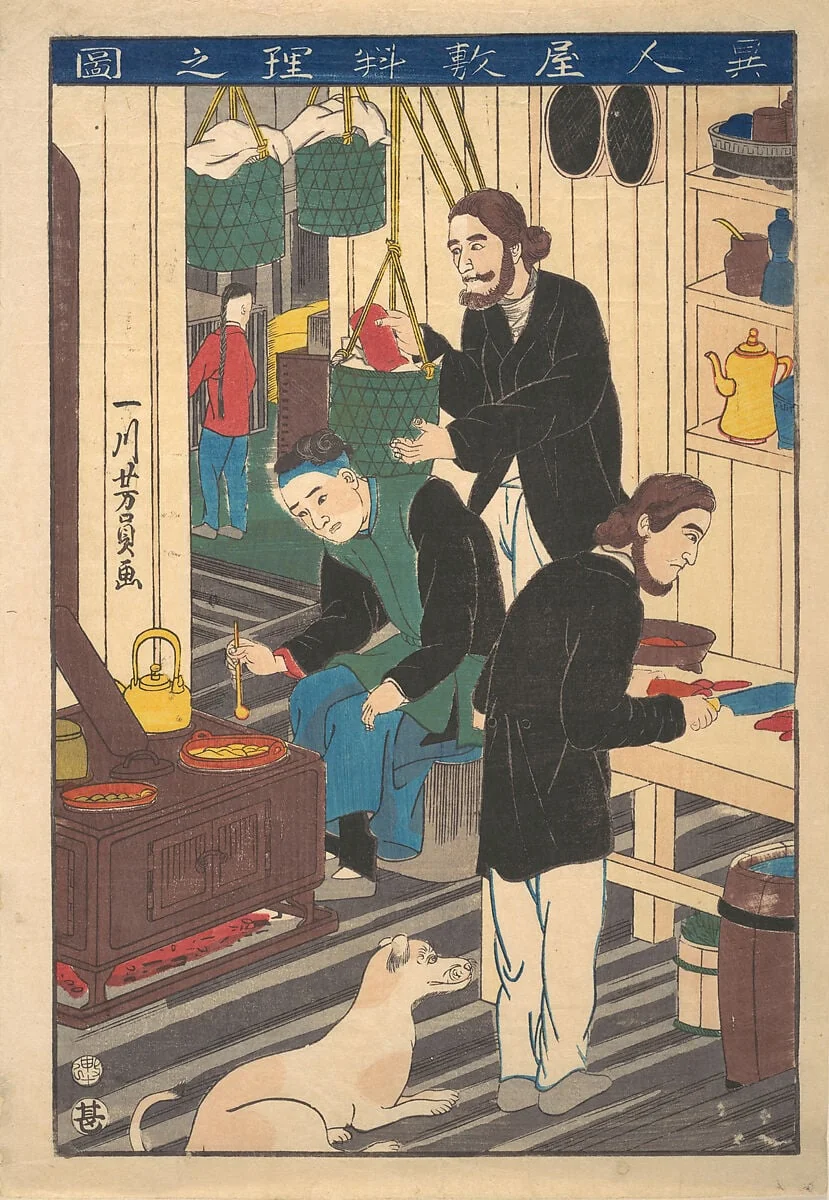 Ijiin Yashiki ryōri no zu|Inside a Foreign Restaurant, by Utagawa Yoshikazu, ink, 10