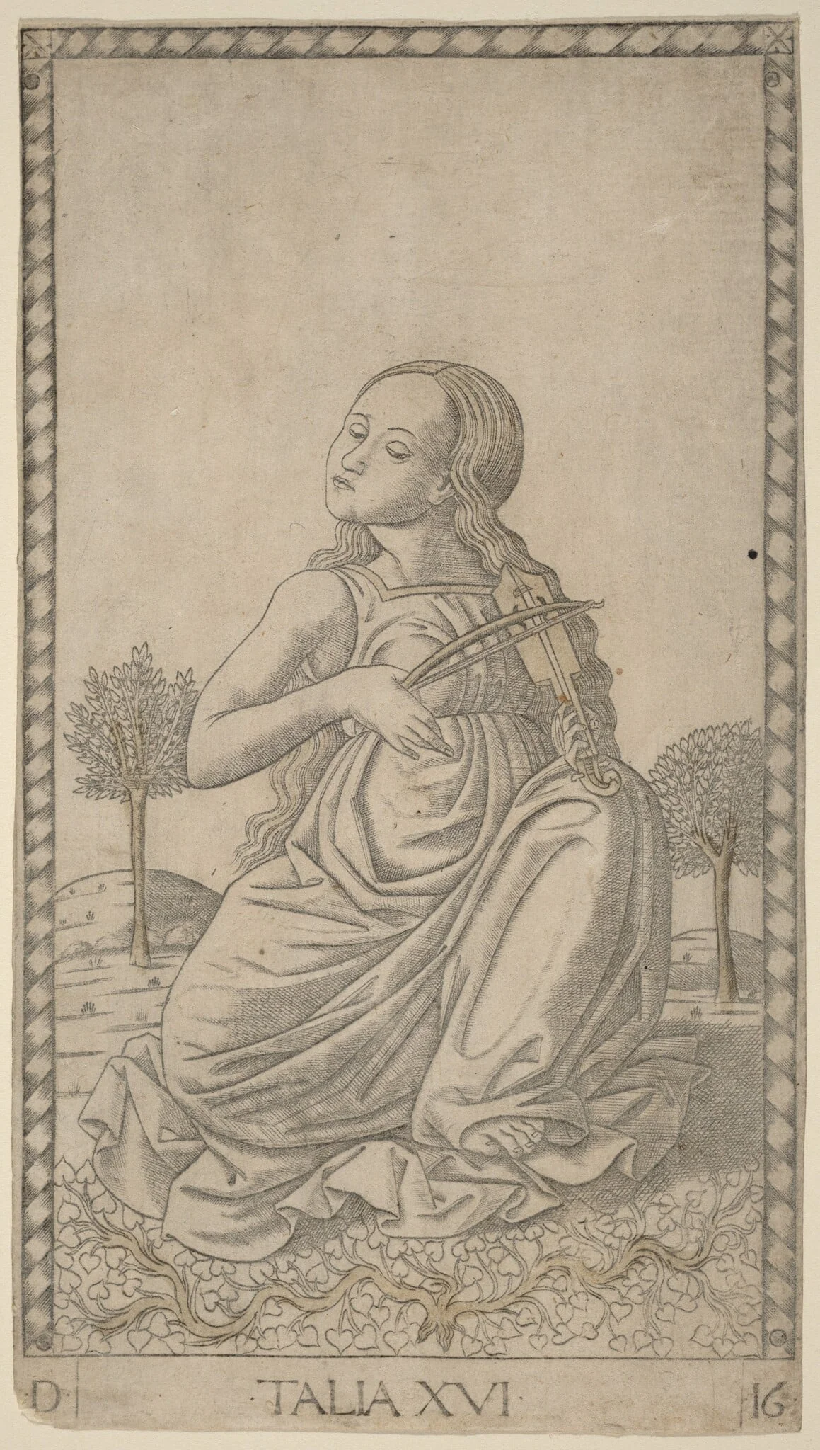 Talia (Thalia), by Master of the E-Series Tarocchi, ink, 1465