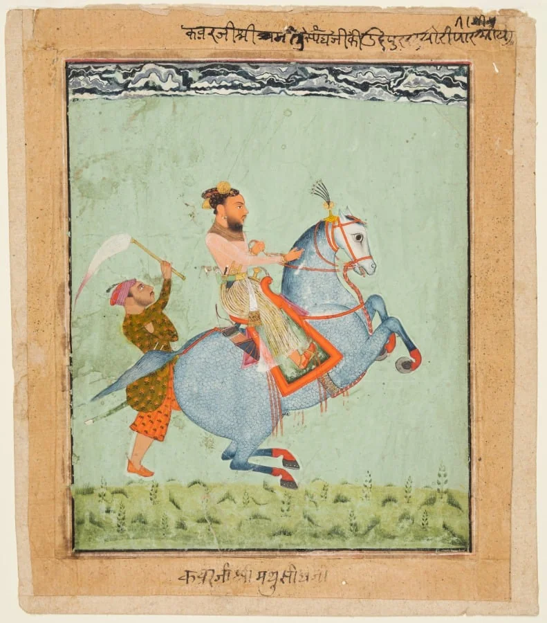 Prince Mathu Singh of Jatoli on a Blue Horse Riding to Udaipur, by Unknown, unspecified, 1720