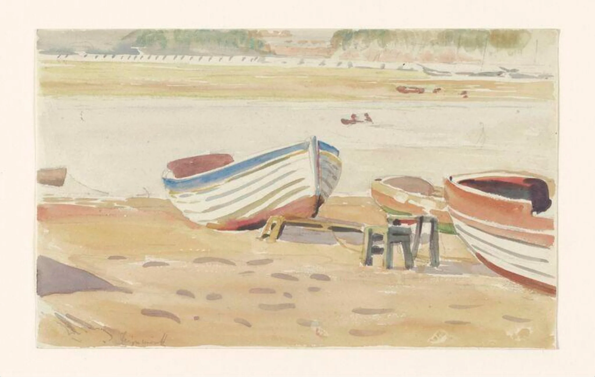 Study of rowing boats on a beach, with river beyond