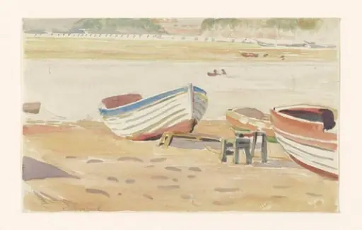 Study of rowing boats on a beach, with river beyond