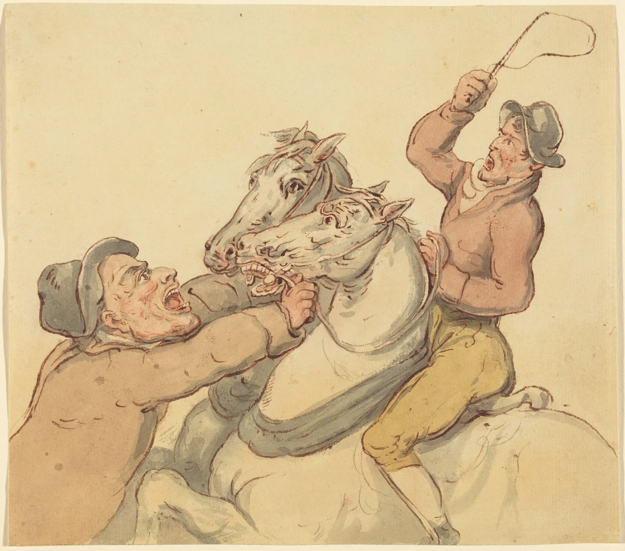 Drovers with a Pair of Rearing Horses, by Thomas Rowlandson, ink, 1792