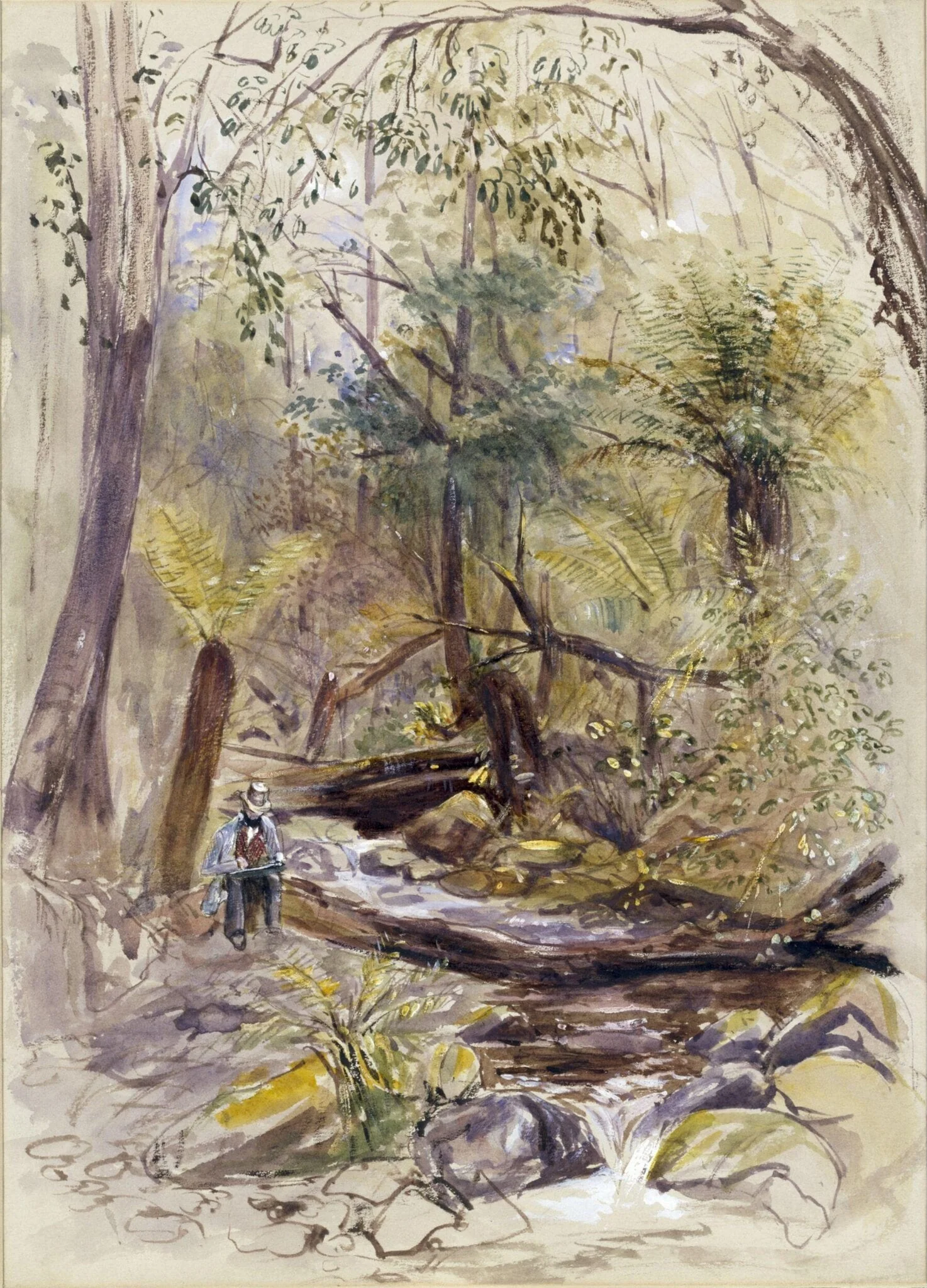 John Skinner Prout (?) Sketching in Van Diemen's Land, by Francis Guillemard Simpkinson, watercolor, 1846
